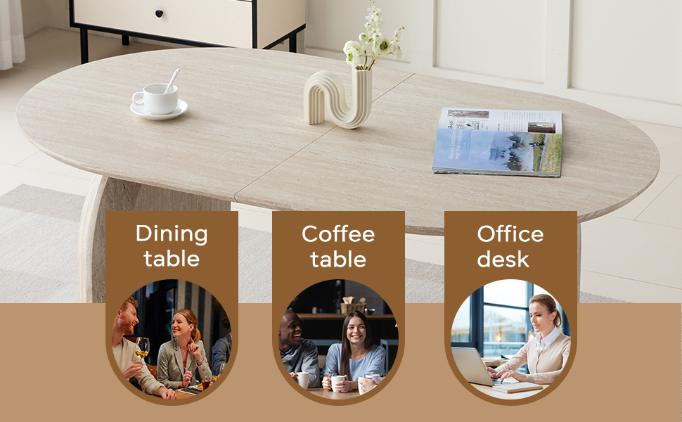 Versatile applications graphic with the oval table and dining, coffee and office use insets