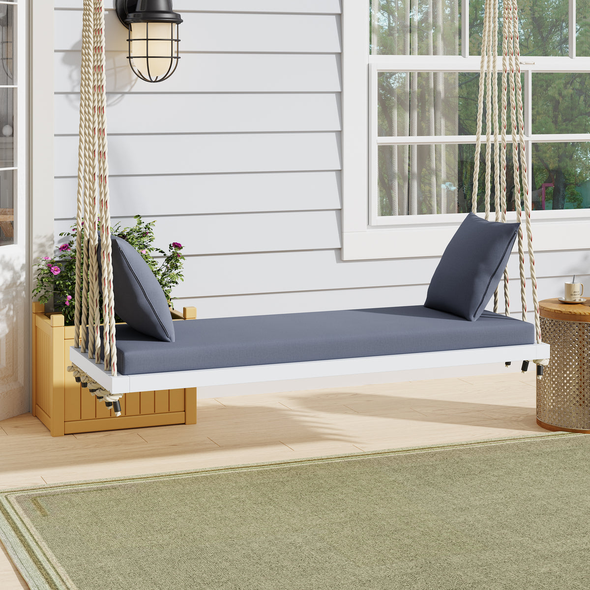 White Solid Wood Porch Swing, Gray Cushion