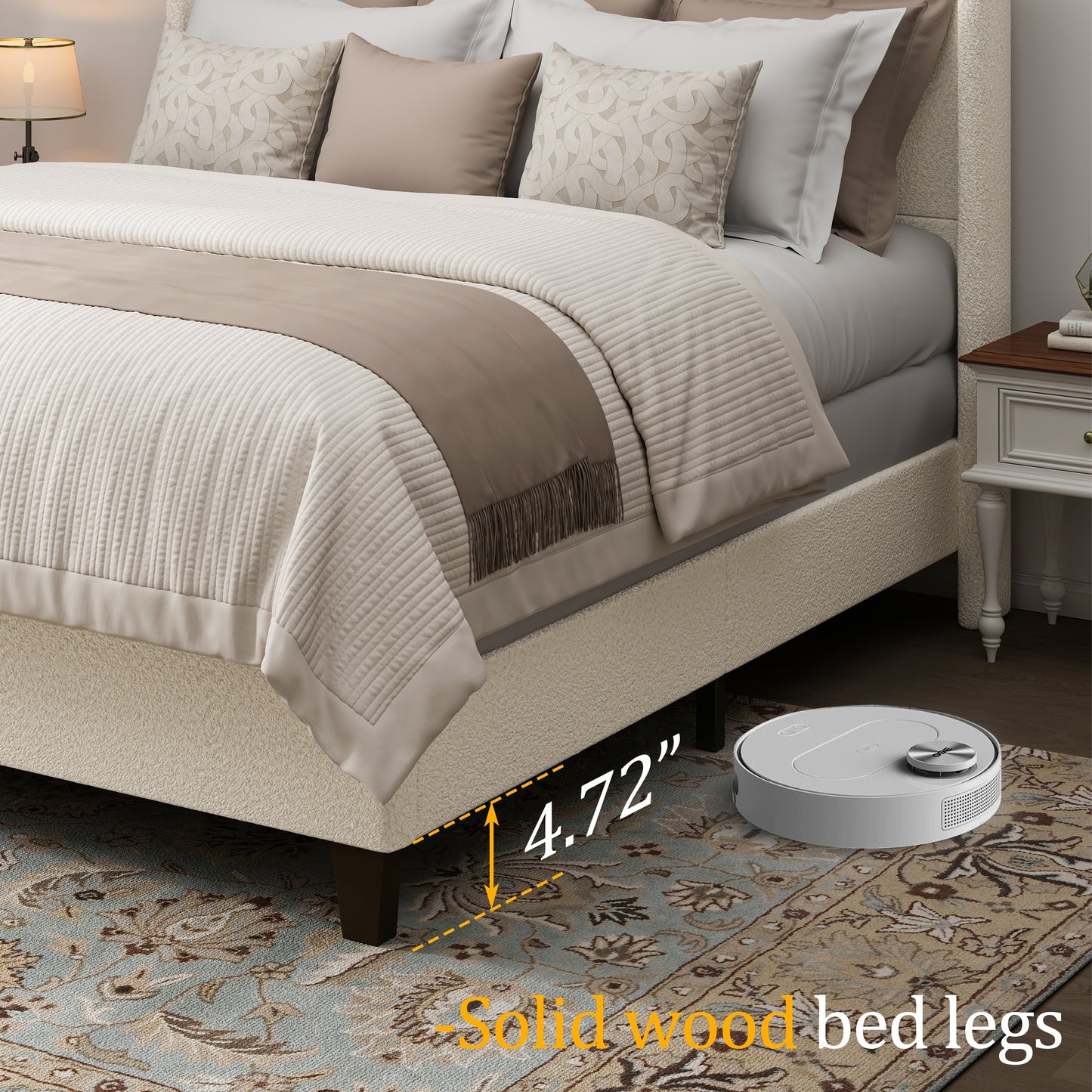 Diagram illustrating deep-profile tufted floor mat placement under bed frame