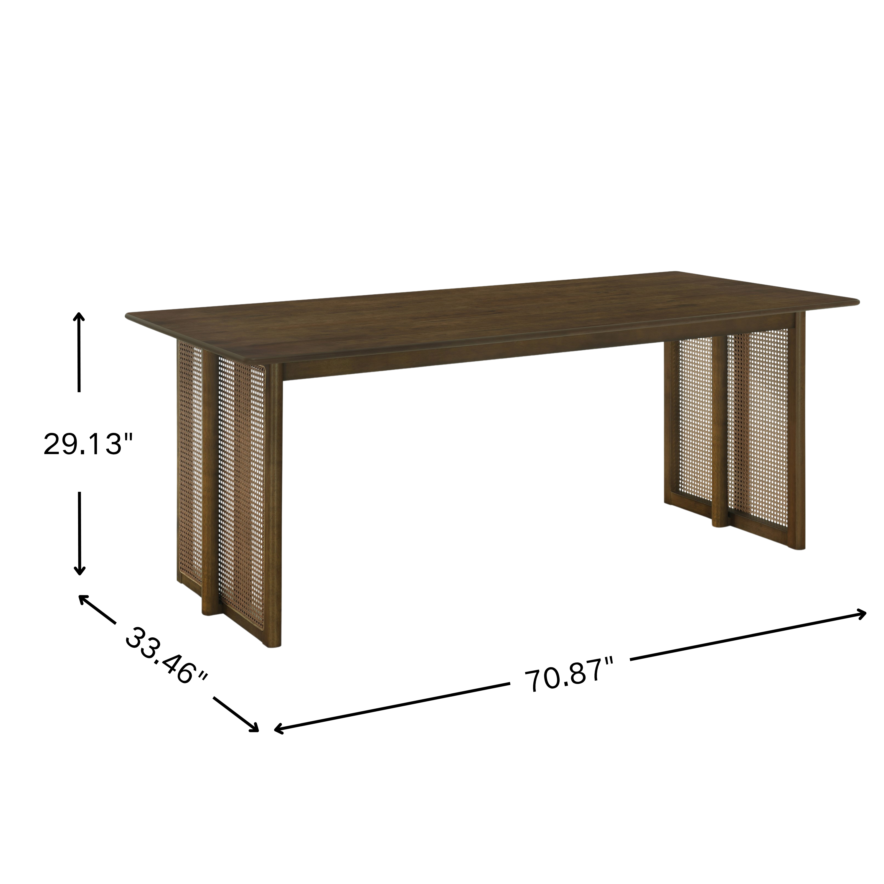 Dimension diagram of the walnut dining table showing 70.87 in width, 33.46 in depth, 29.13 in height