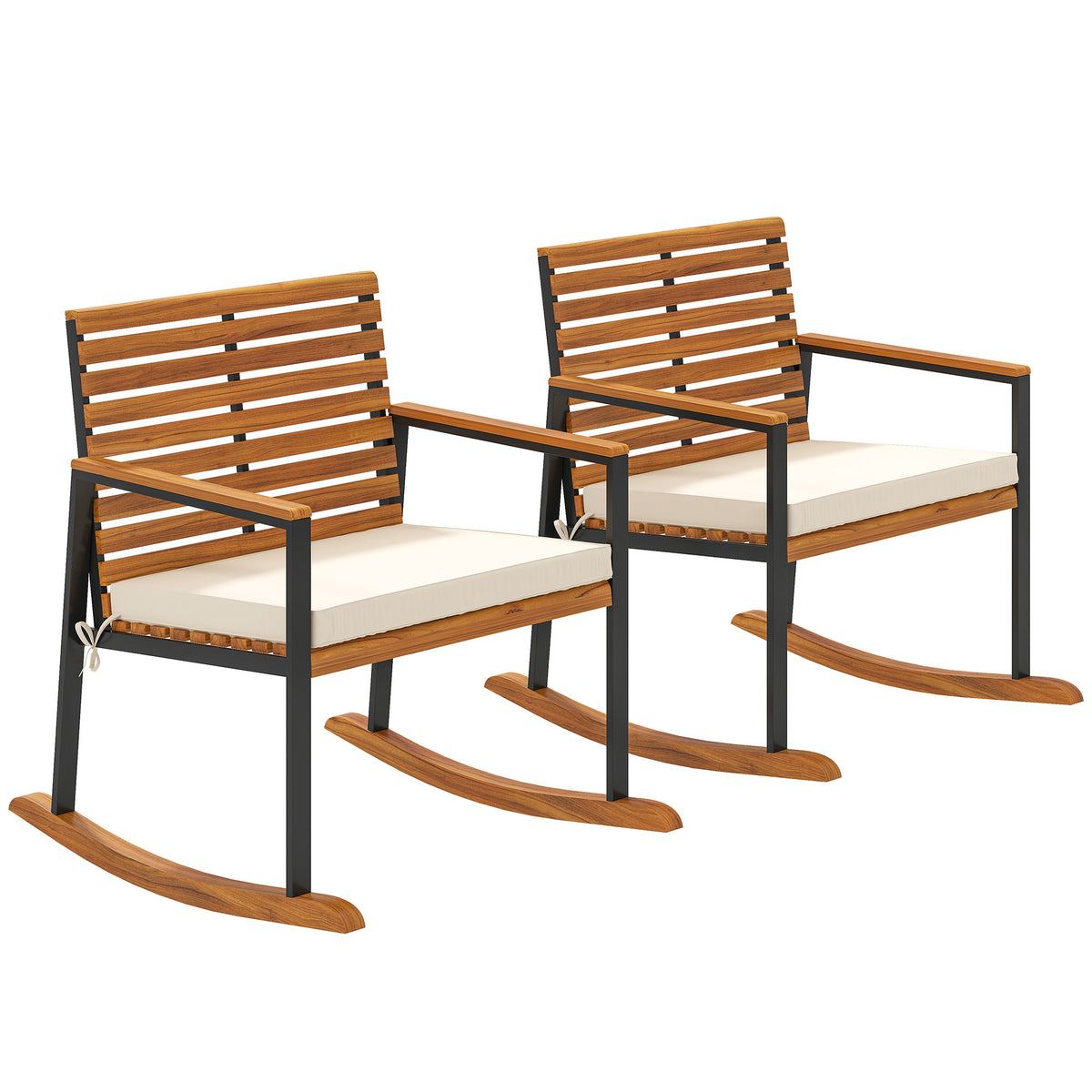 White Solid Wood Outdoor Rocking Chair with Cushions, Set of 2