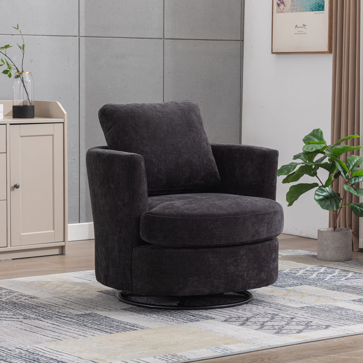 Black Chenille Swivel Barrel Chair, Nursery
