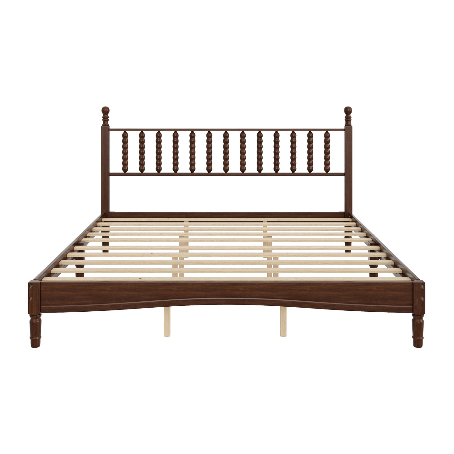 Front view of walnut king bed frame showing spindle headboard on white background