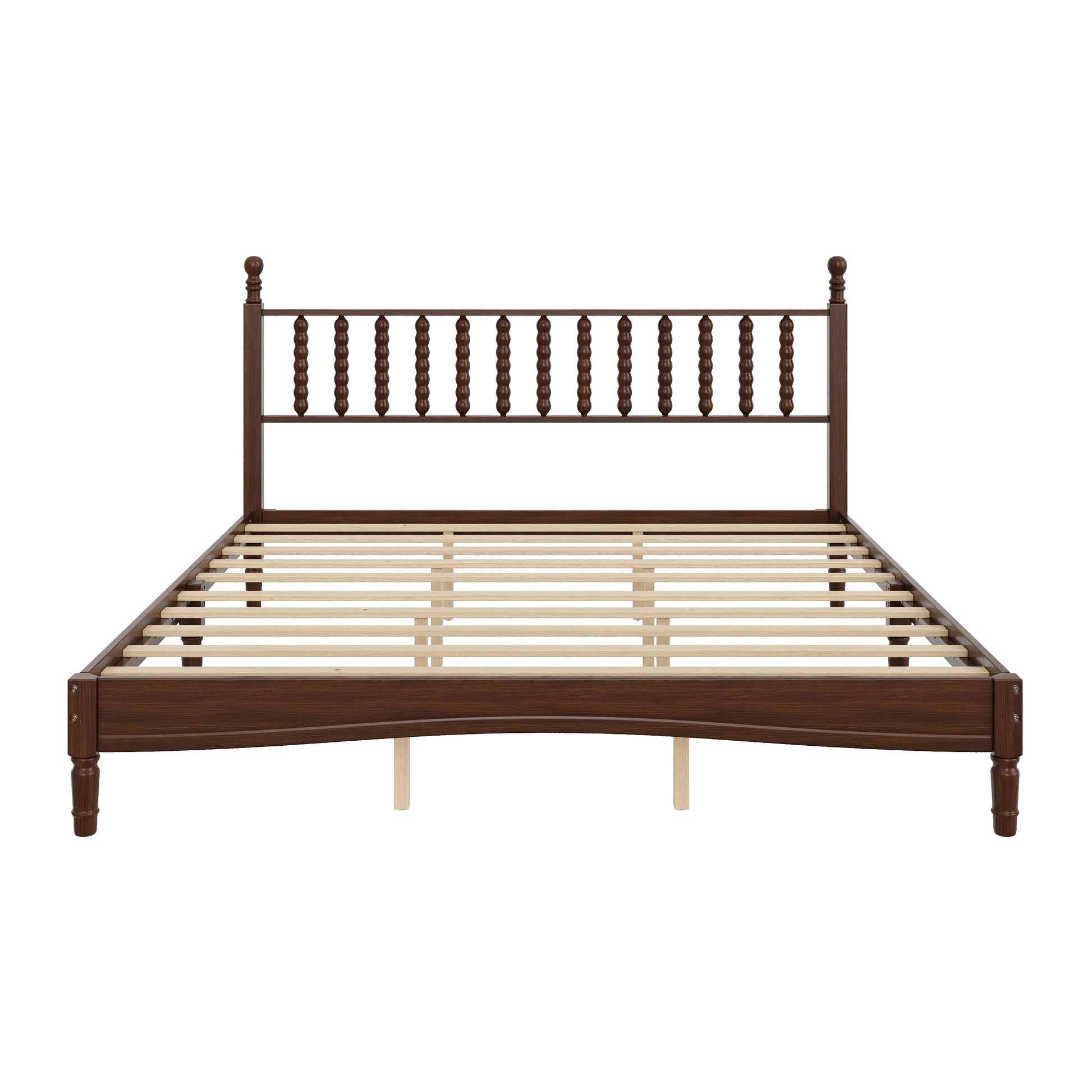 Front view of walnut king bed frame showing spindle headboard on white background