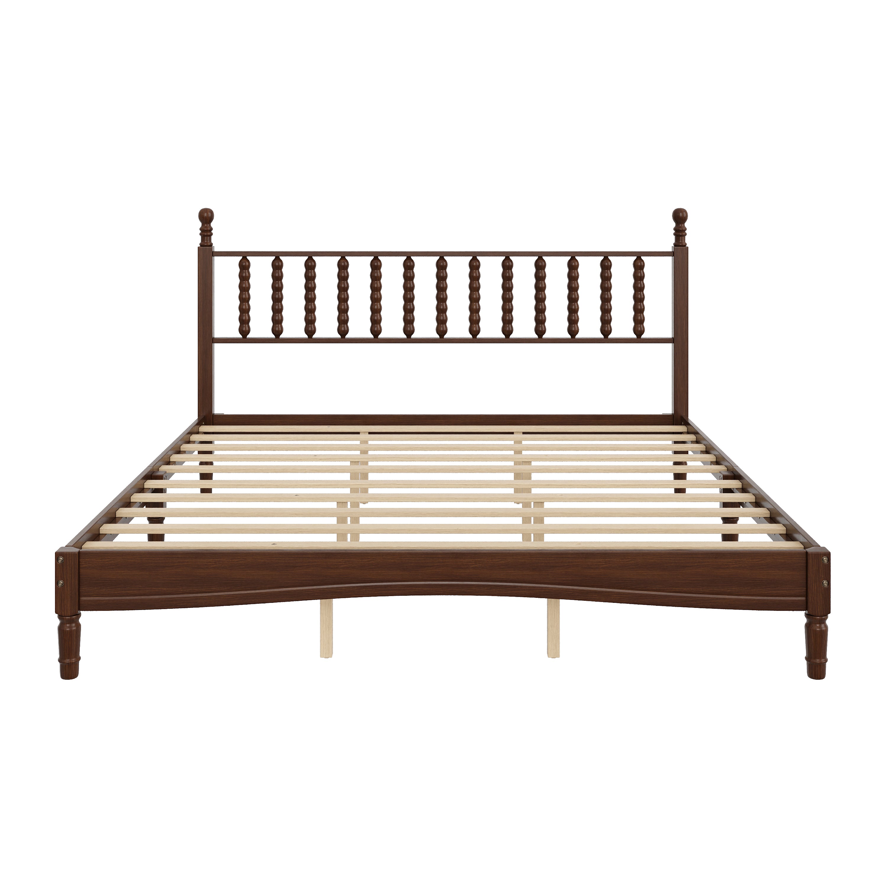Front view of walnut king bed frame showing spindle headboard on white background