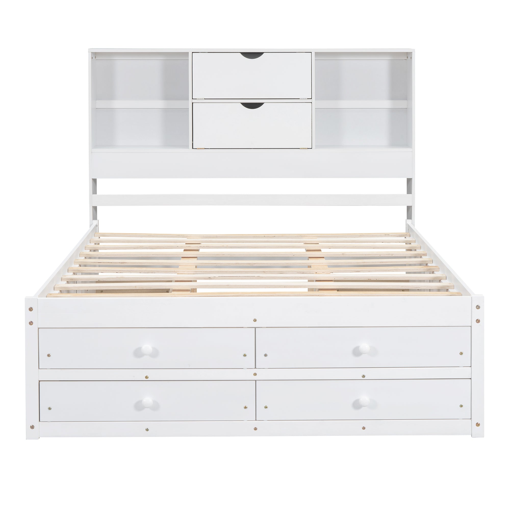 Bare studio front of the white queen storage bed, bookcase headboard drop-down doors and exposed slats
