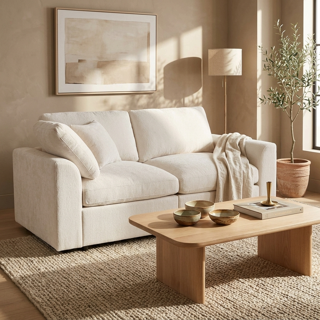 Beige Chenille Loveseat, Deep Seat, 72.8 in Wide