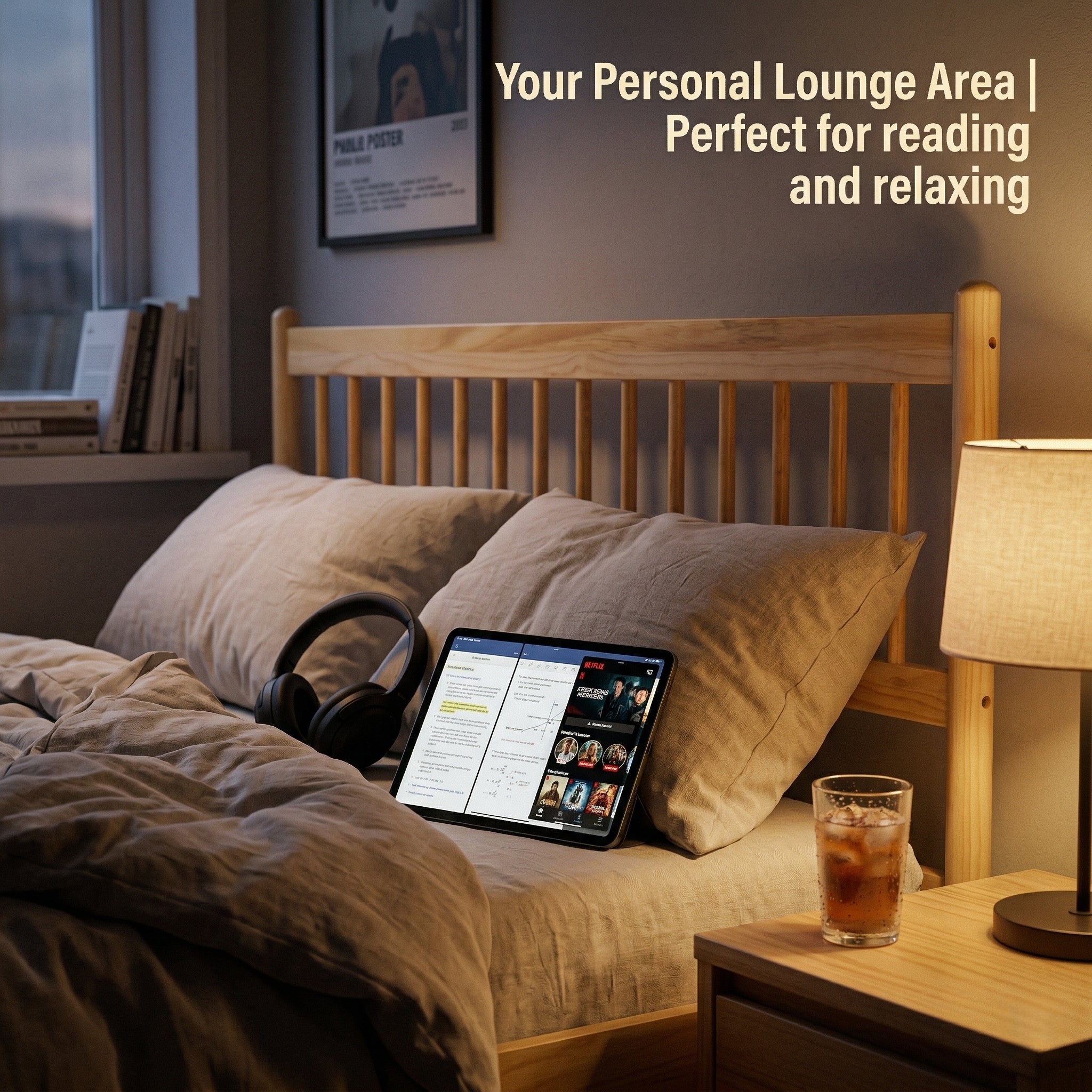 Nighttime bedroom scene with a tablet propped against the natural pine spindle headboard #Color_Natural