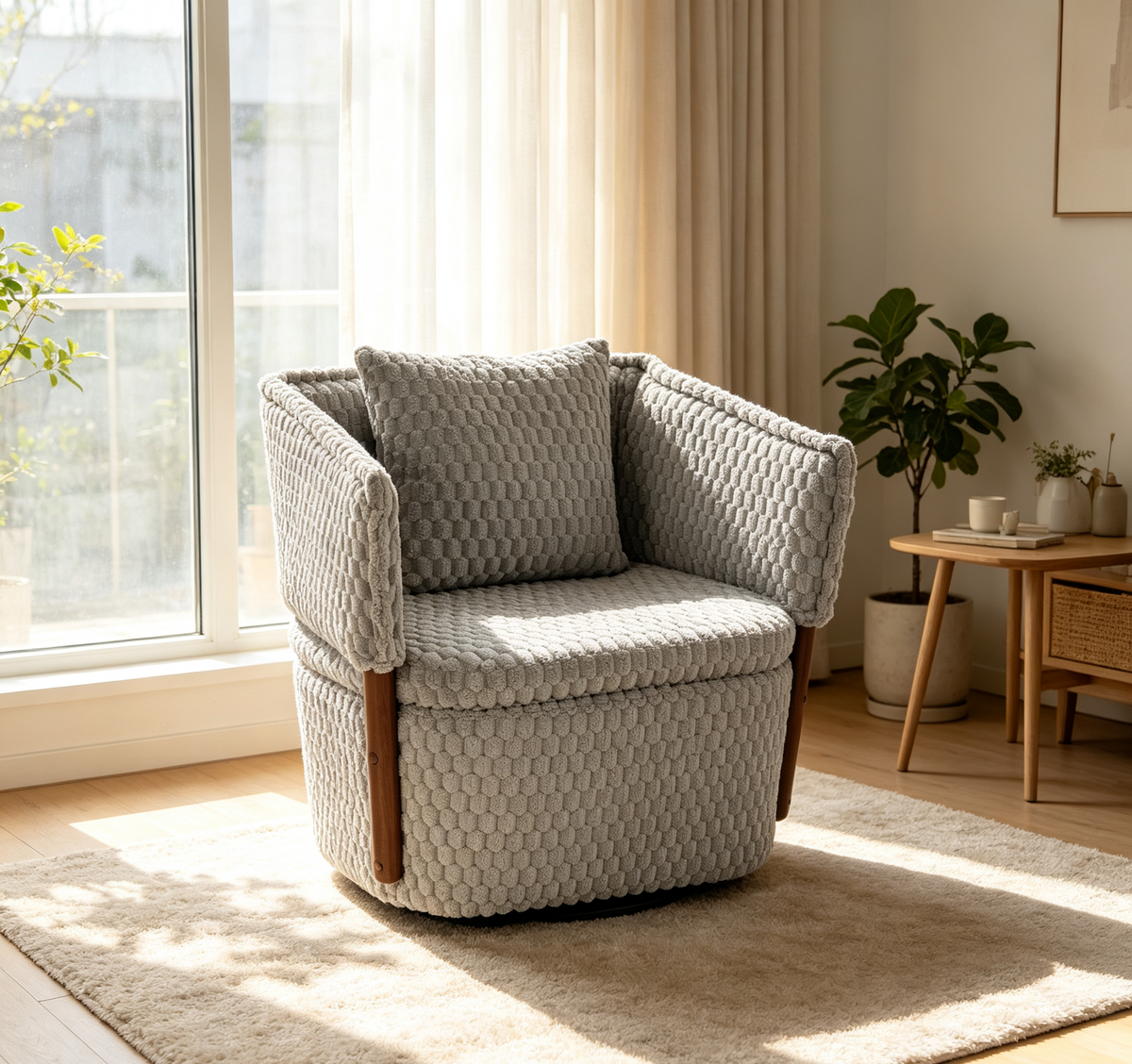 Gray Corduroy Swivel Accent Chair with Storage