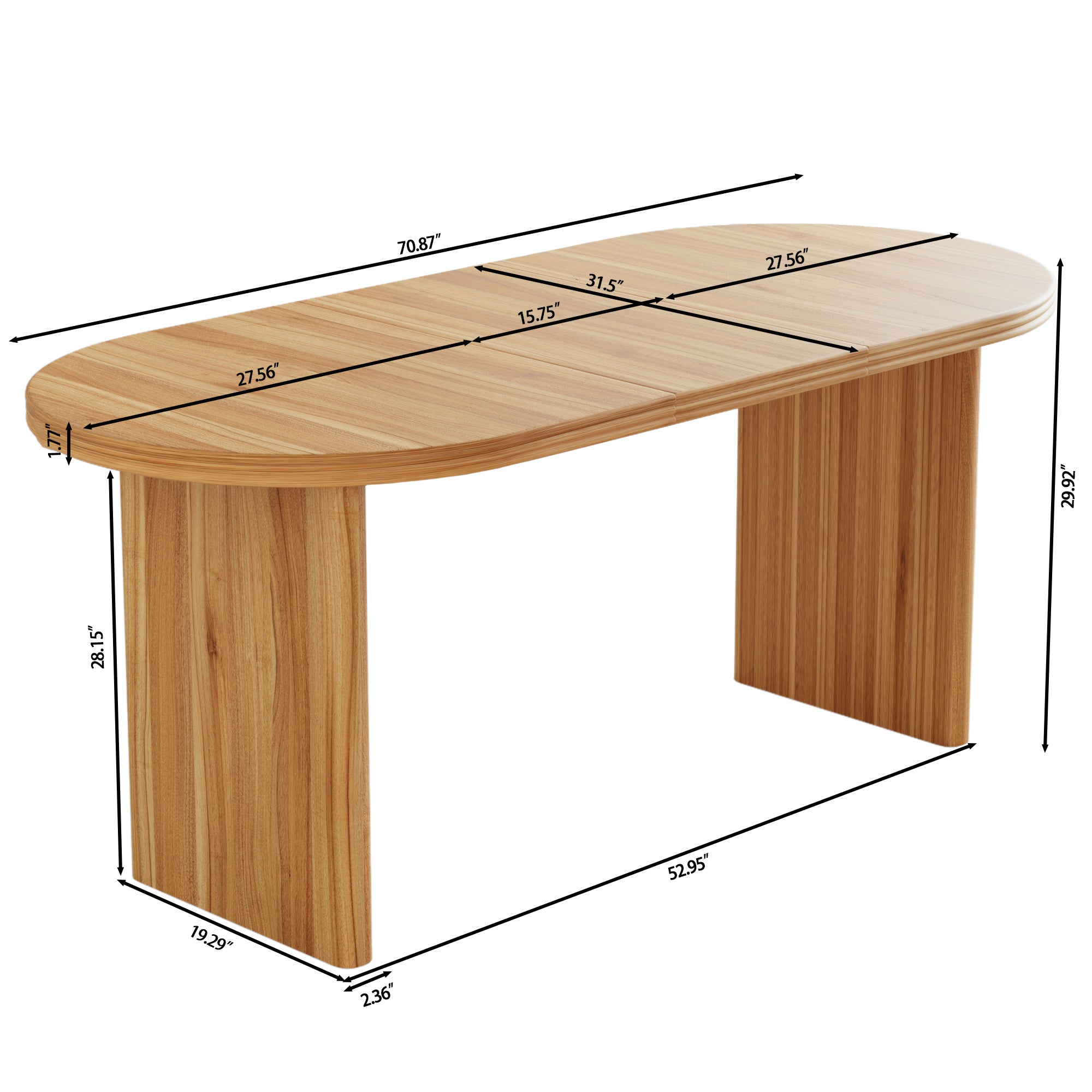 Dimension diagram of the extended oval table showing 70.87in length and 15.75in leaf