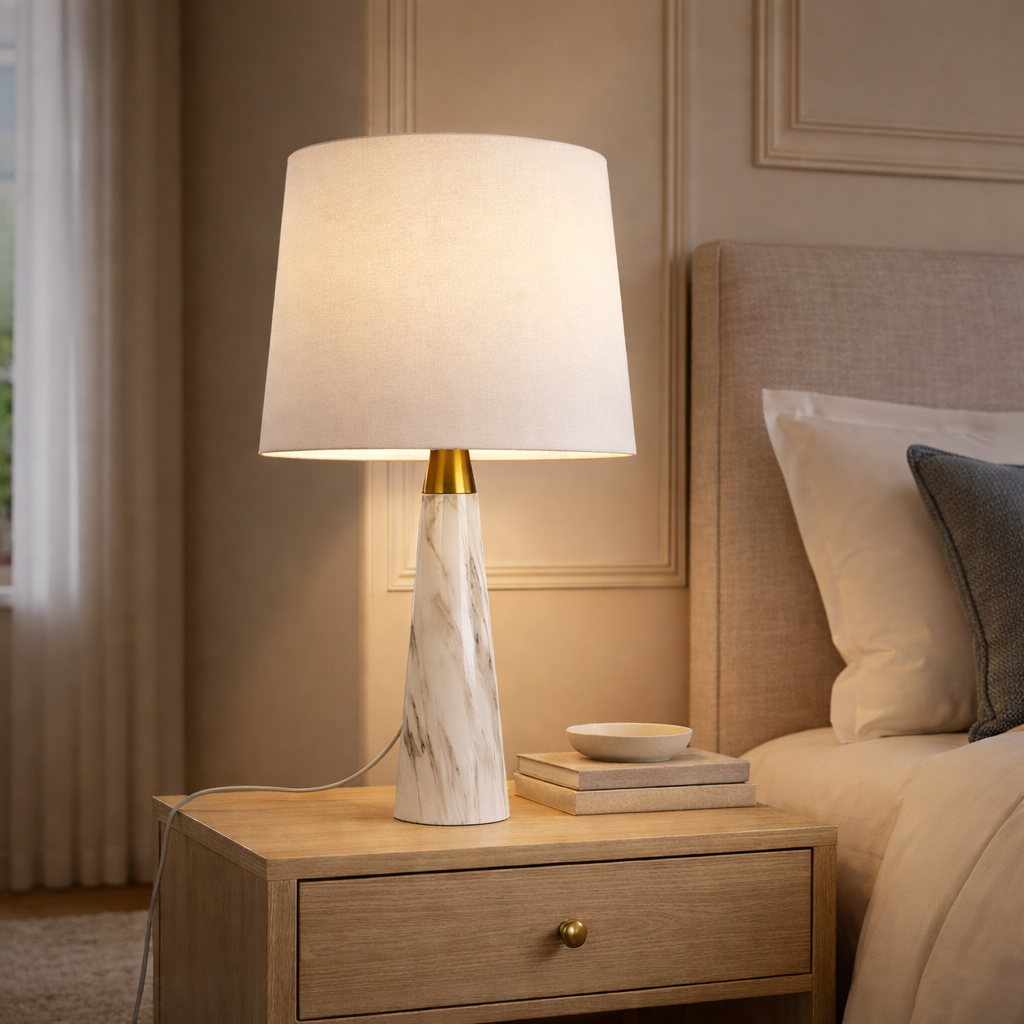 Table Lamp with Faux Marble Base and Fabric Shade, White and Gold