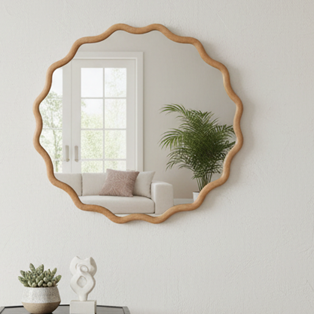 24 Inch Wavy Round Mirror, Natural Solid Wood Frame