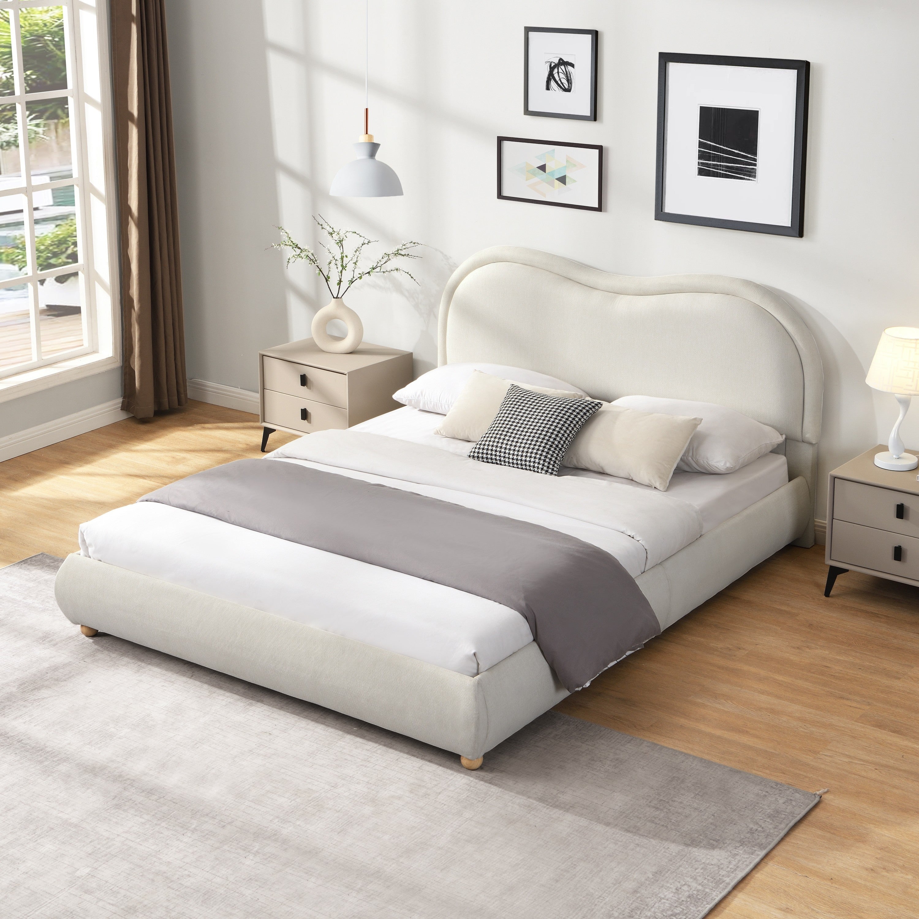 Angled beige chenille platform bed with curved headboard and white bedding in a styled bedroom #Color_Beige