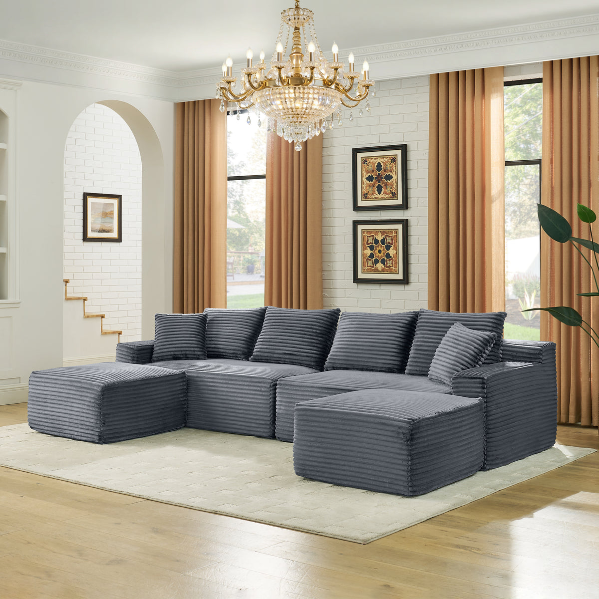 Gray Corduroy Modular Sectional Couch with 2 Ottomans, 115 in Wide