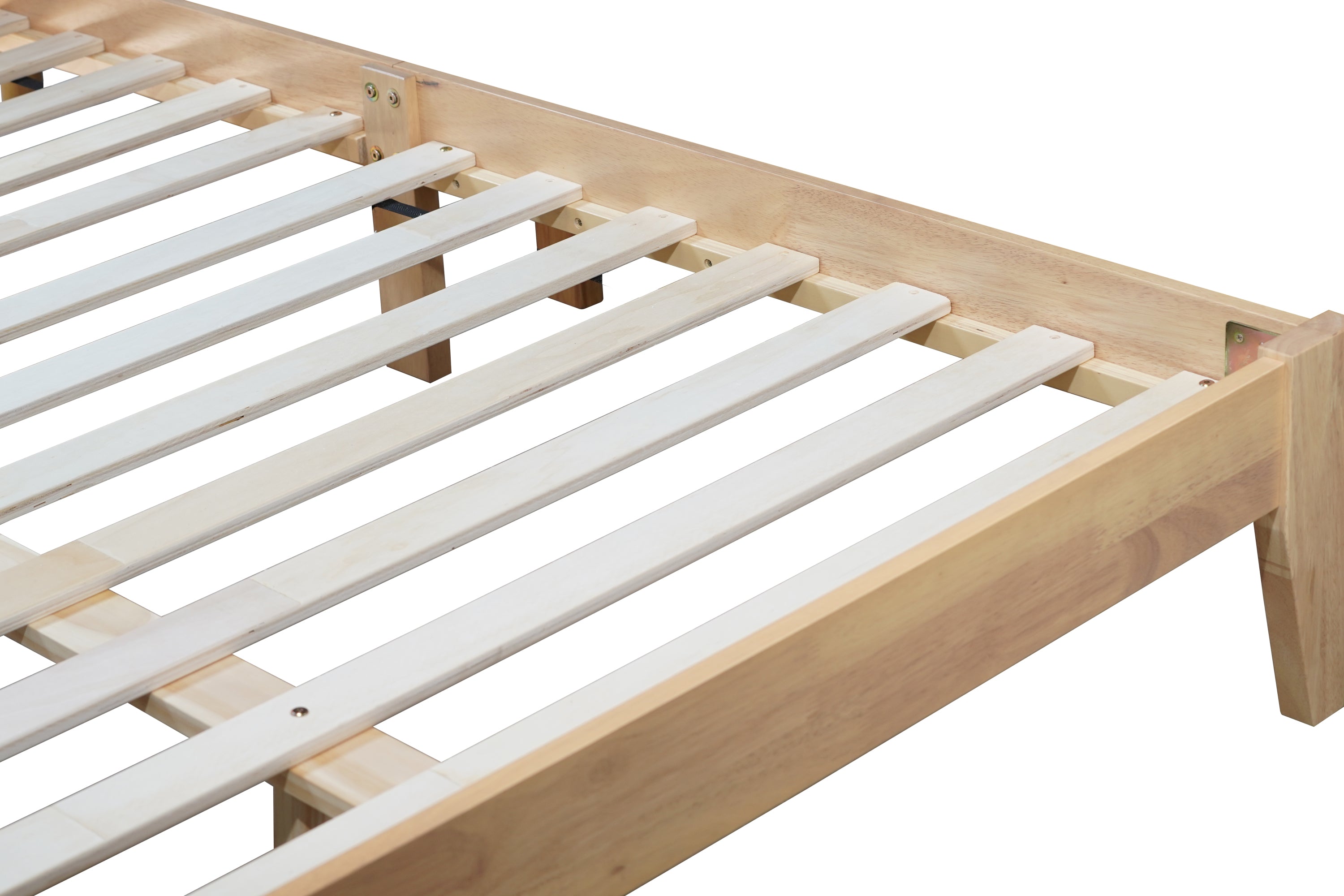 Close-up of the wood slat construction and central support feet on the queen wood bed frame