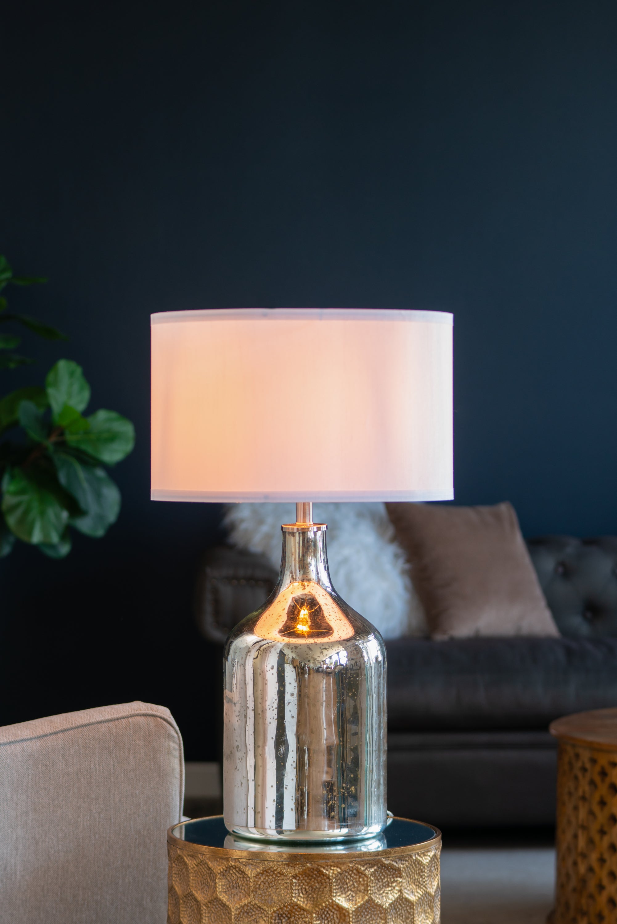 Table Lamp with Glass Base and Fabric Shade, White and Silver