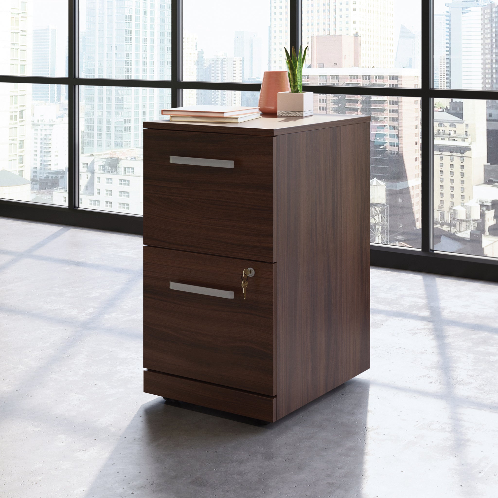 Rolling File Cabinet with Lock, 19.5 in, Brown