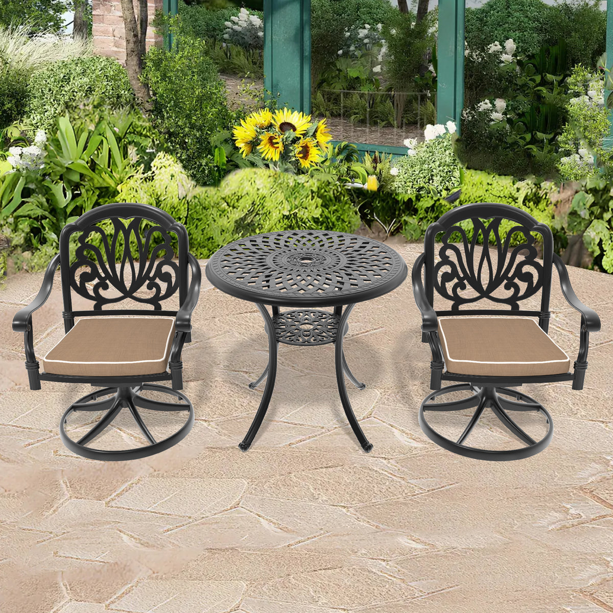 Black Aluminum 3-Piece Patio Dining Set for 2 with Cushions