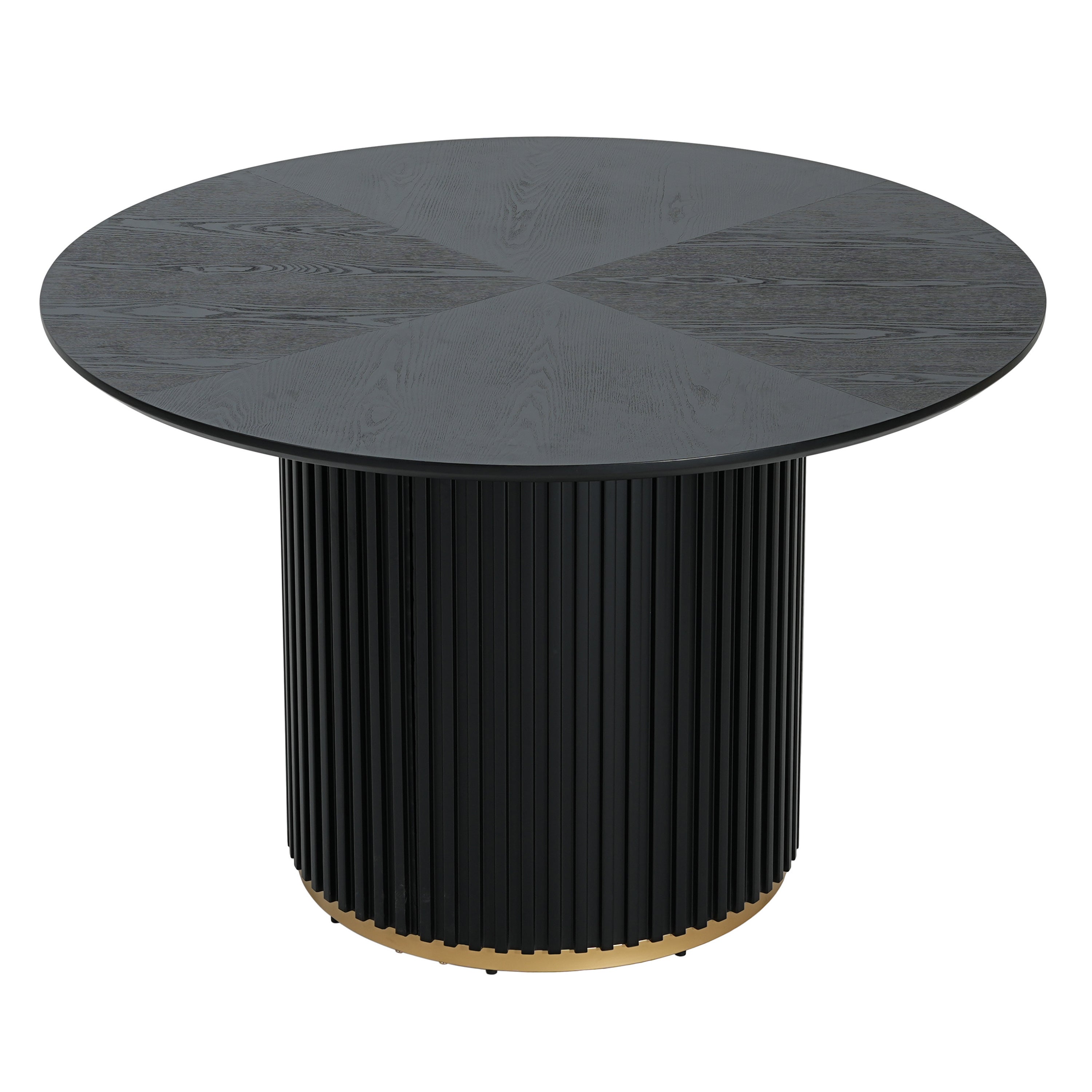 Three-quarter studio view of black round pedestal dining table with fluted cylinder base and gold base ring