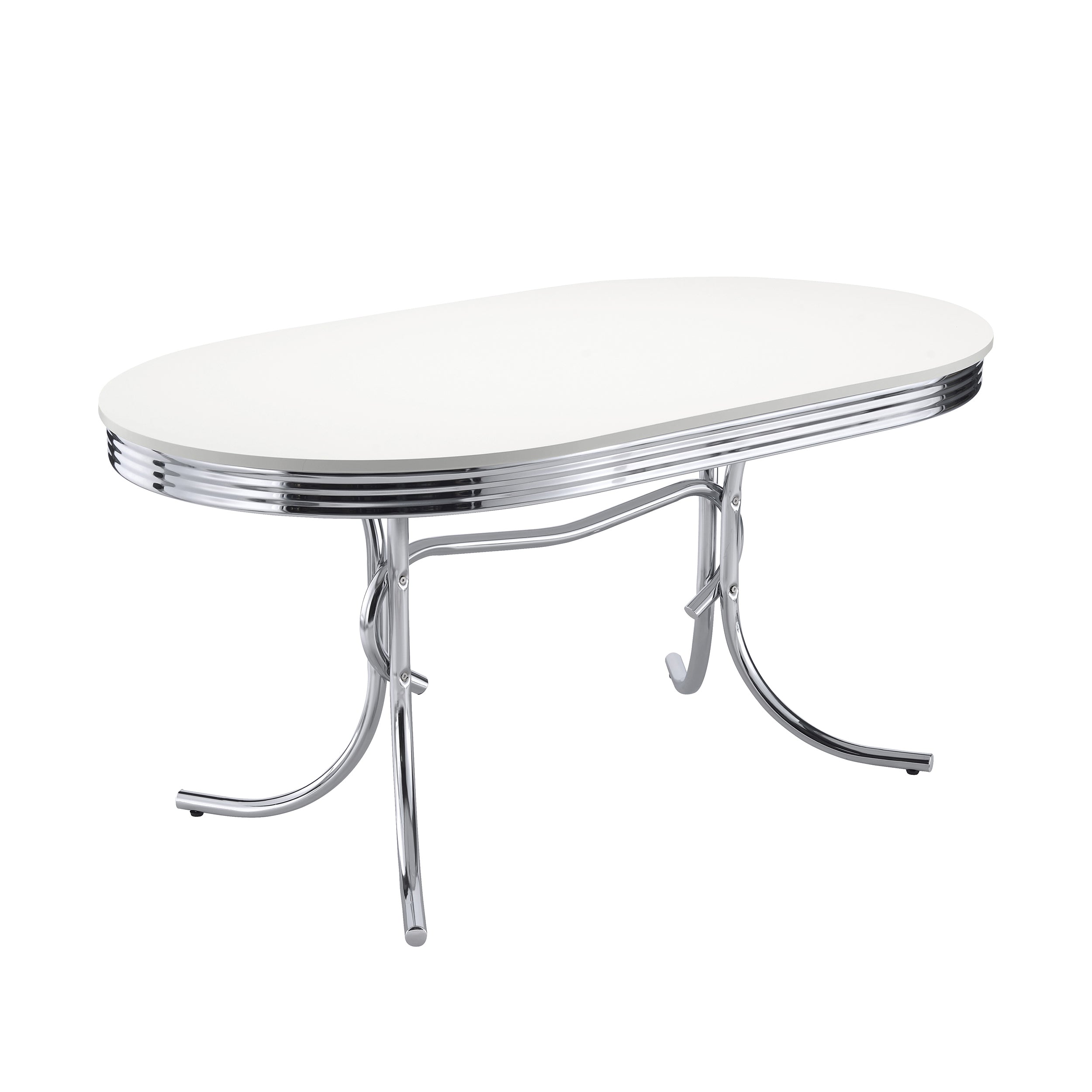 Three-quarter studio view of white and chrome retro oval dining table with ribbed chrome edge