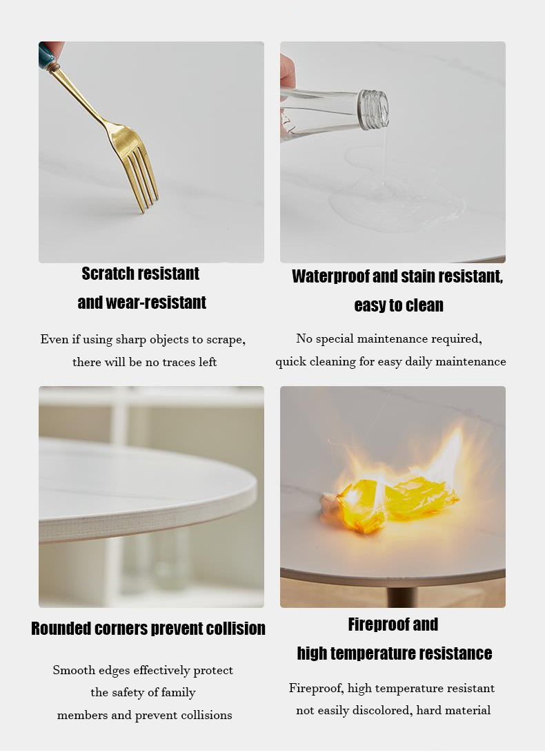 Feature graphic showing the marble tabletop as scratch, water, stain and heat resistant with rounded corners