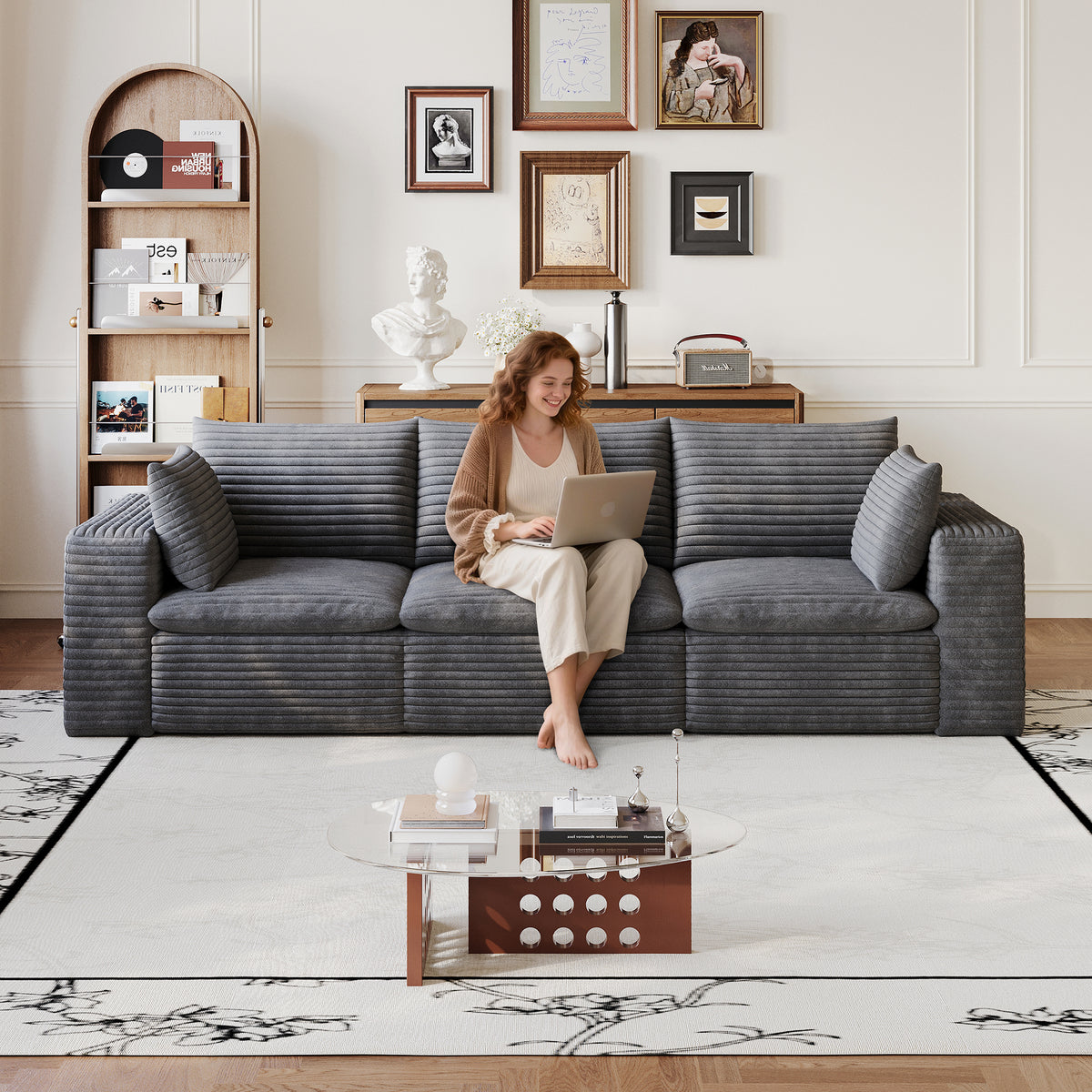 Dark Gray Corduroy Modular 3-Seat Couch, No Assembly, 102.4 in Wide