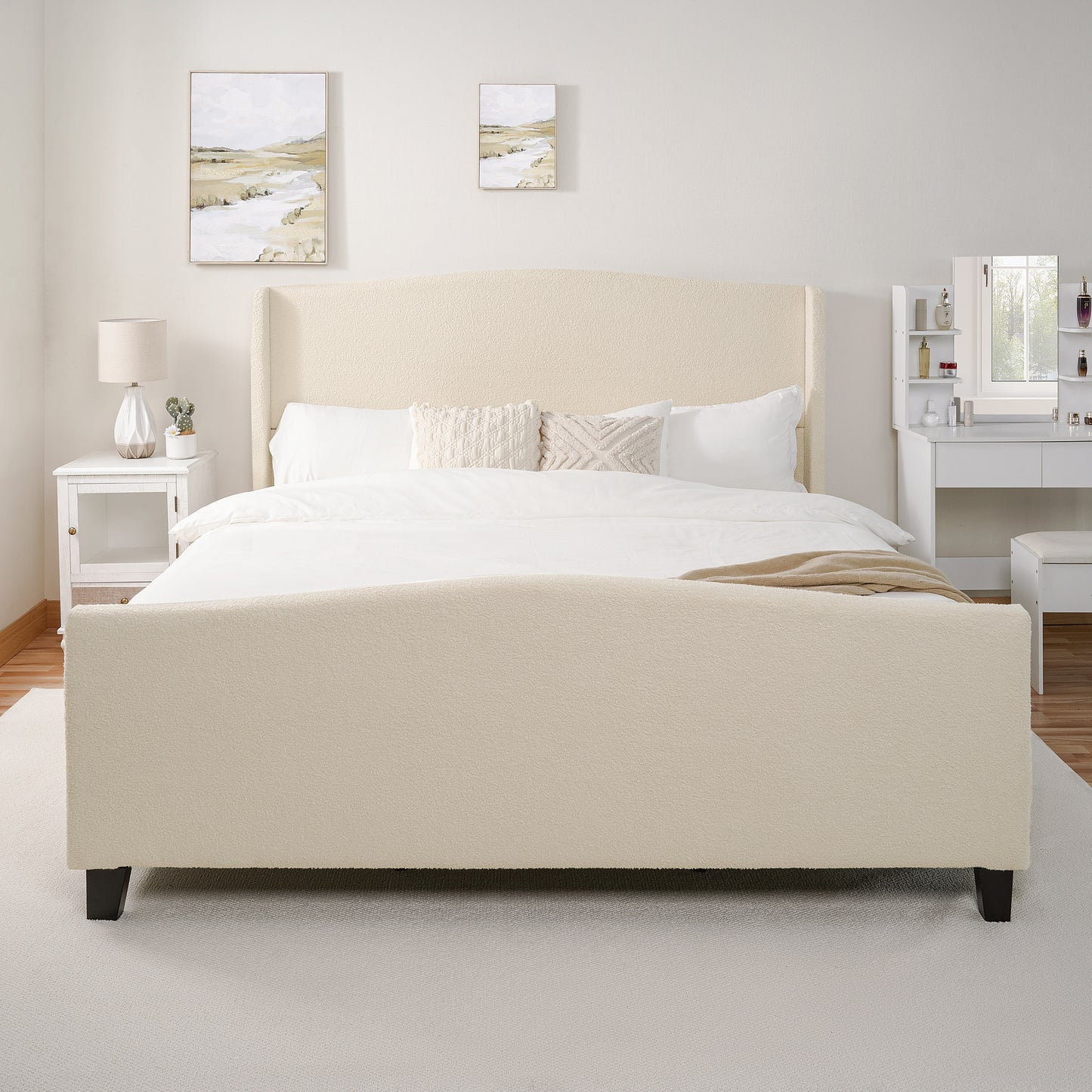 White teddy velvet headboard and footboard shown from multiple angles