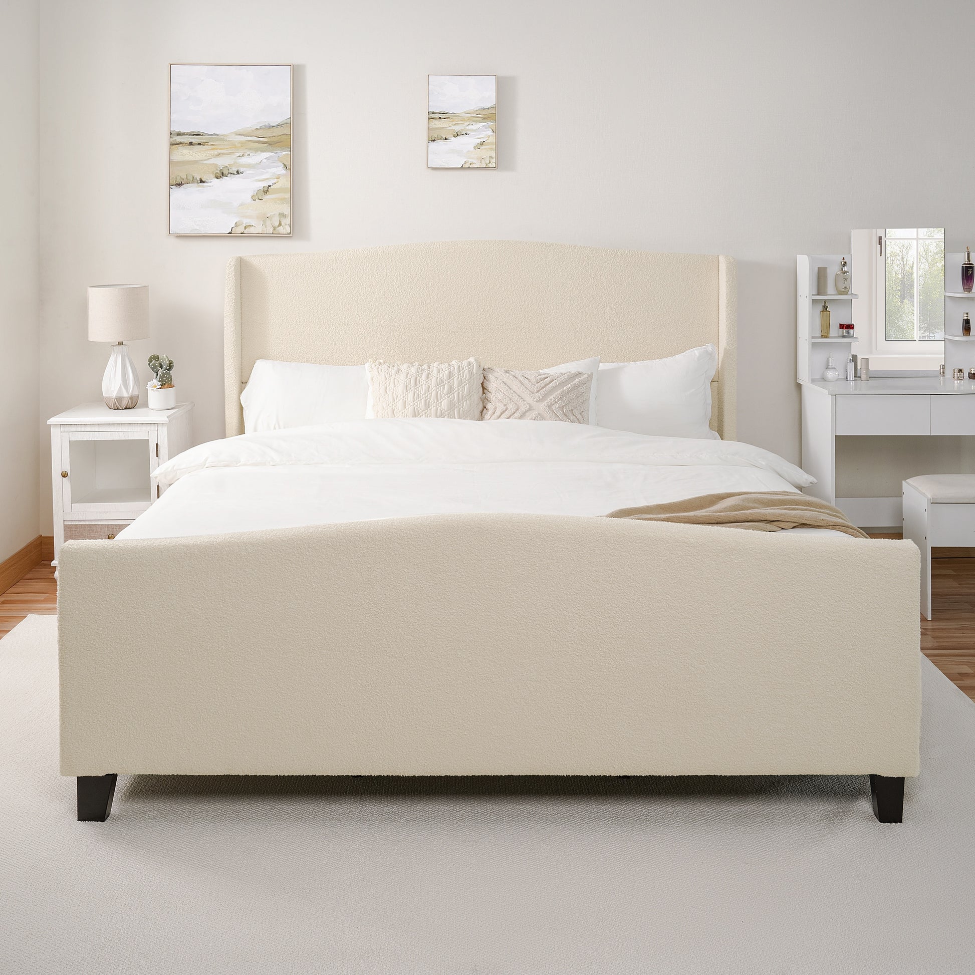 White teddy velvet headboard and footboard shown from multiple angles