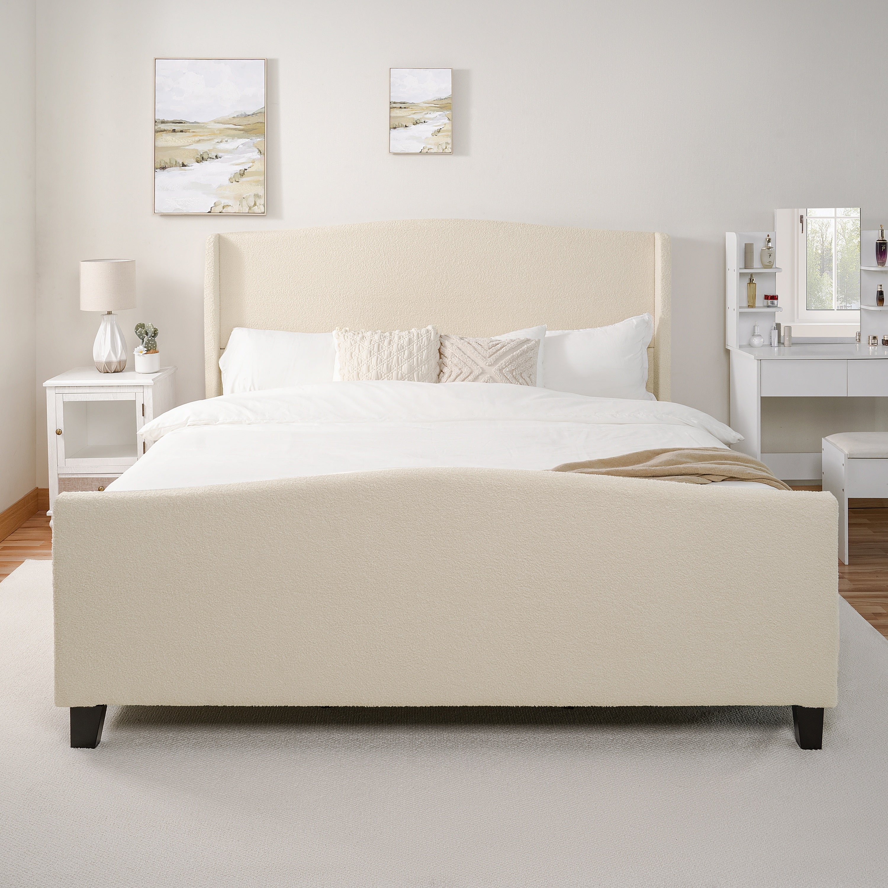 White teddy velvet headboard and footboard shown from multiple angles