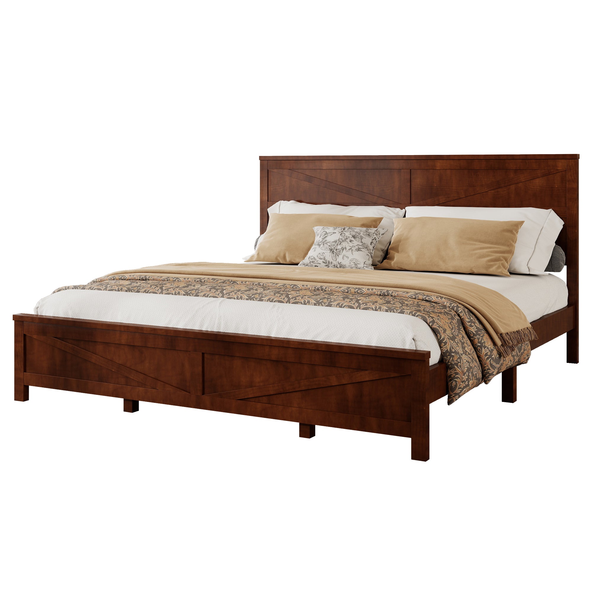 Farmhouse walnut king bed frame, front view on white background