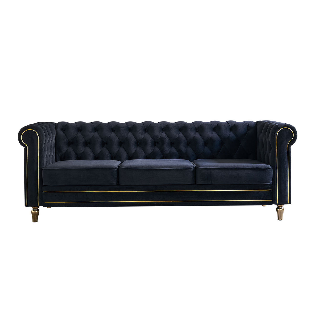Black Velvet 3-Seat Chesterfield Sofa, 84.7 in Wide