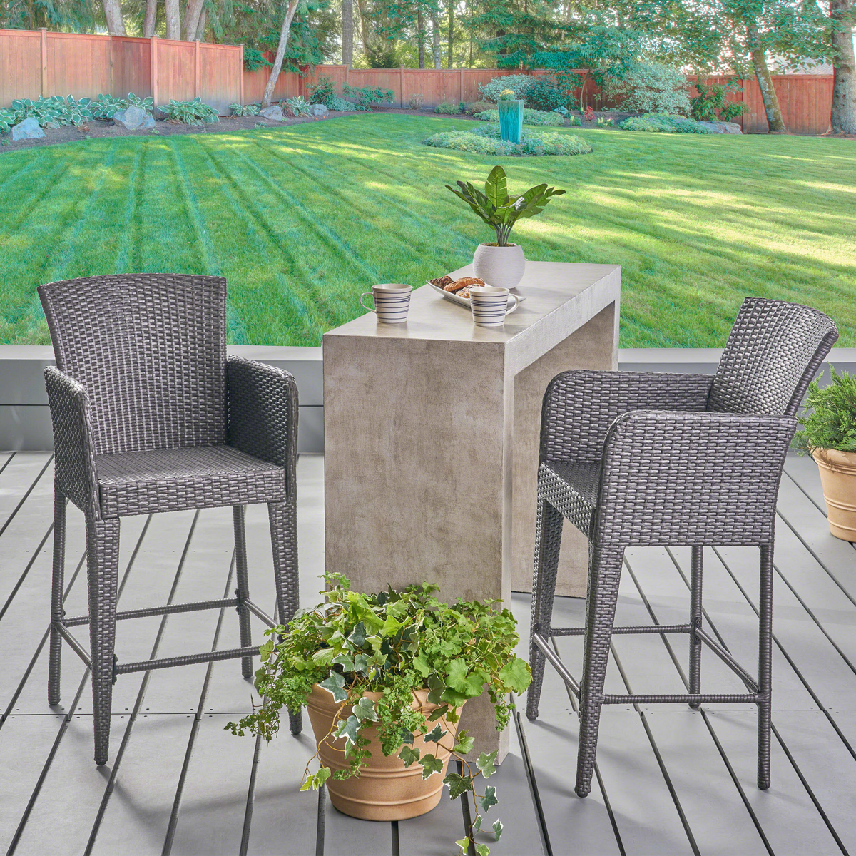 Gray Wicker Outdoor Bar Stool, Set of 2