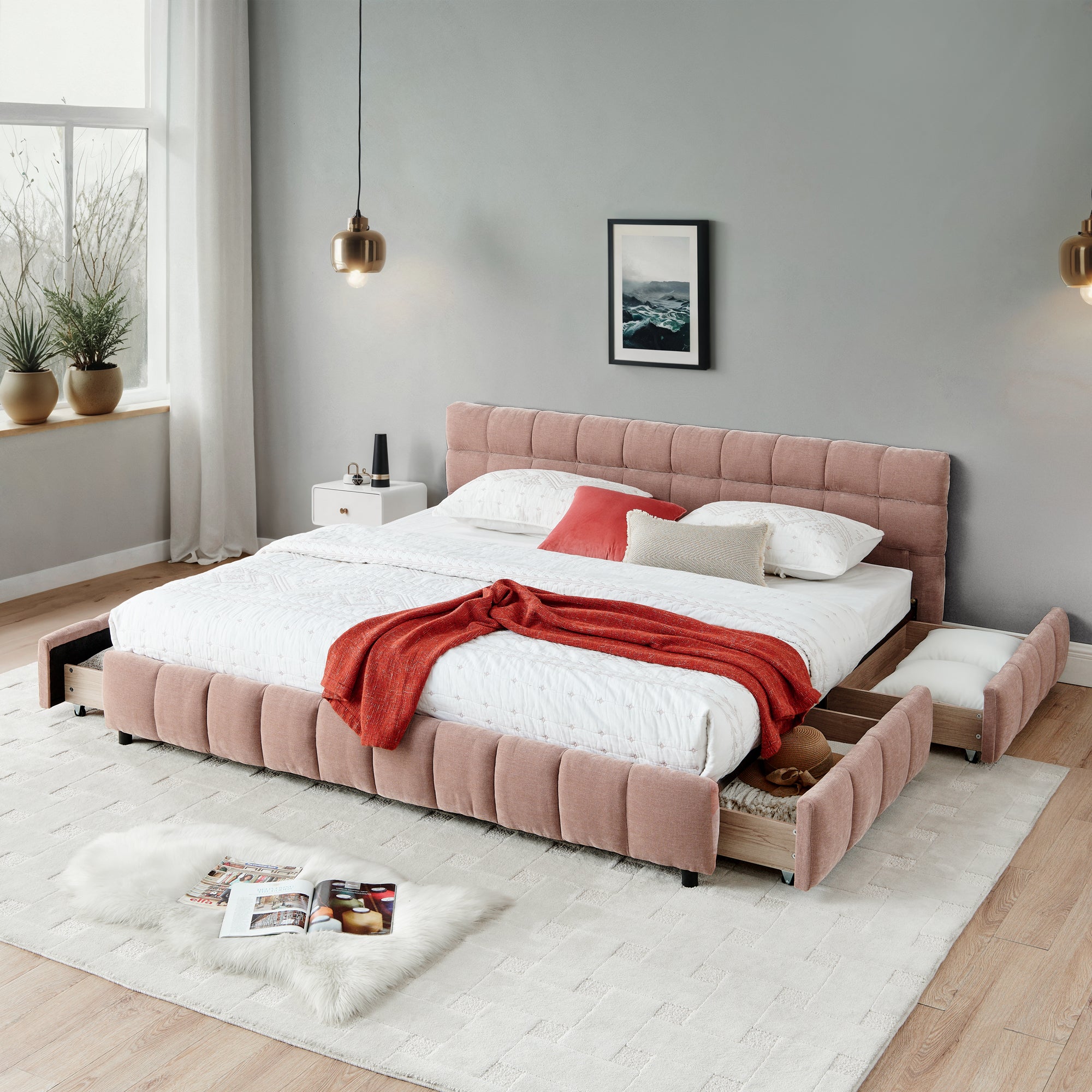 Pink Chenille Upholstered King Bed with Storage Drawers