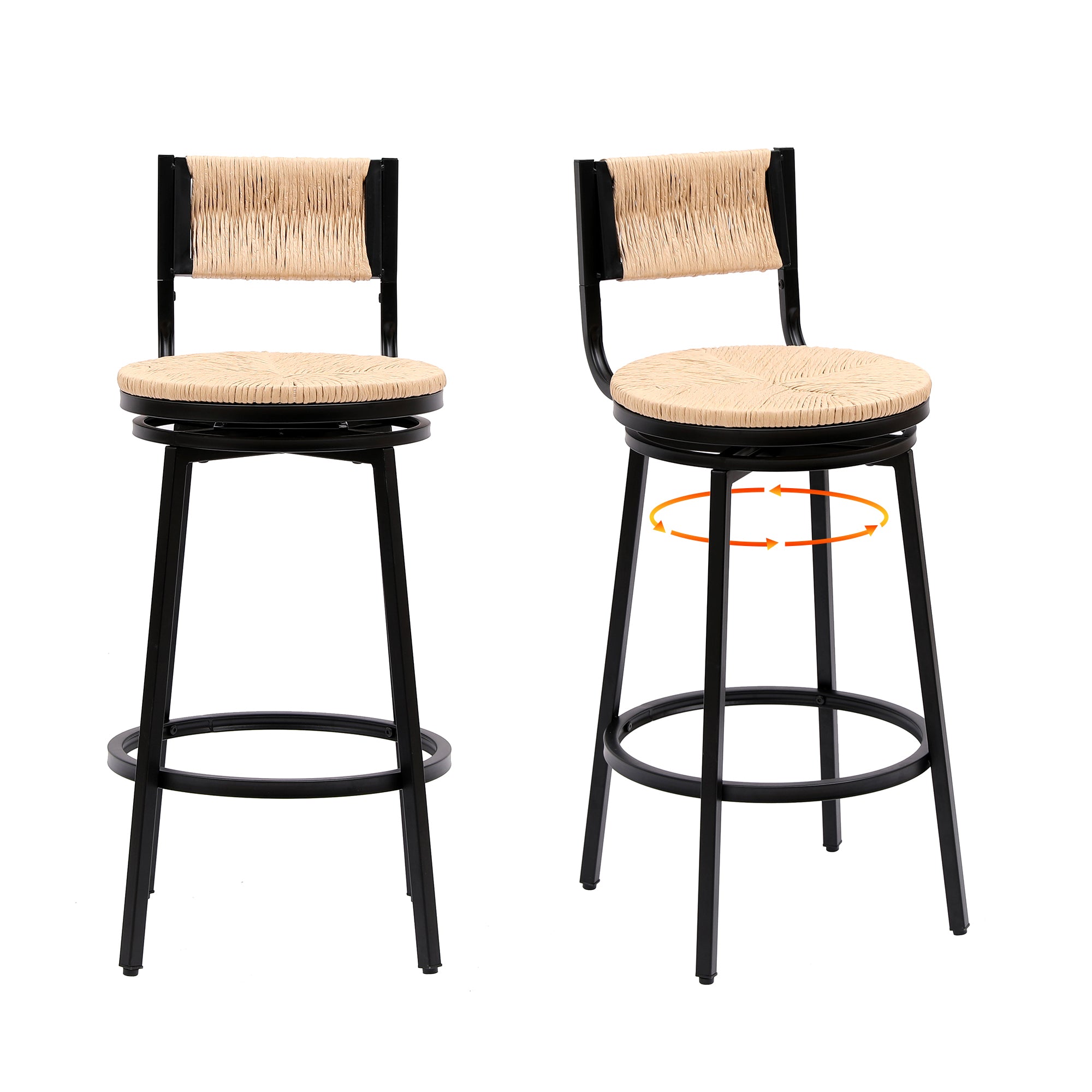 Counter Stool Set of 2, Honey Paper Rope Seat, Black Swivel Frame