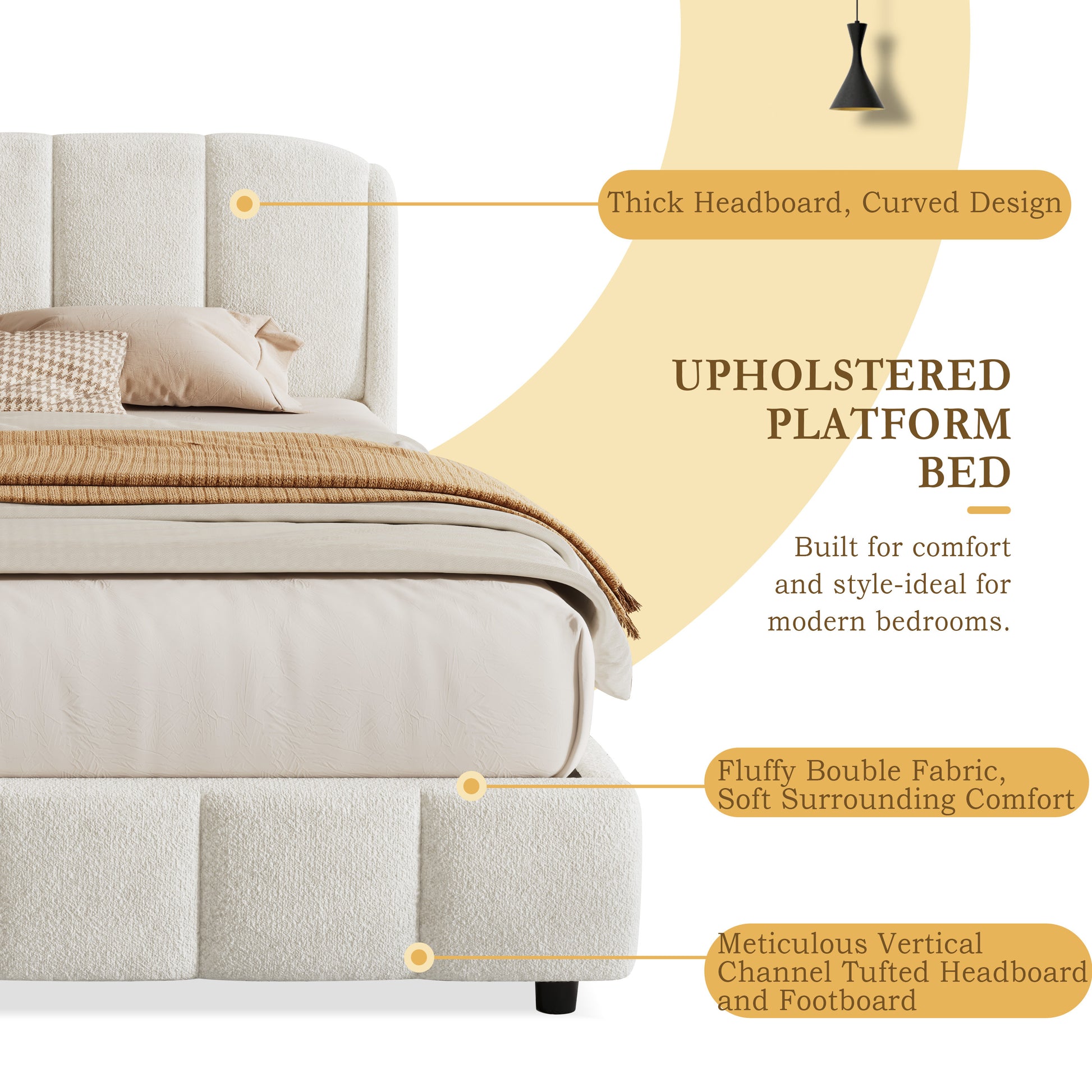 Graphic highlighting curved headboard and channel-tufted design details