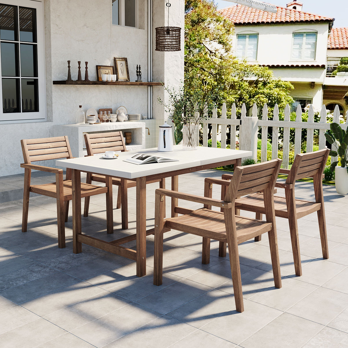 Solid Wood 5-Piece Patio Dining Set for 4 with Umbrella Hole