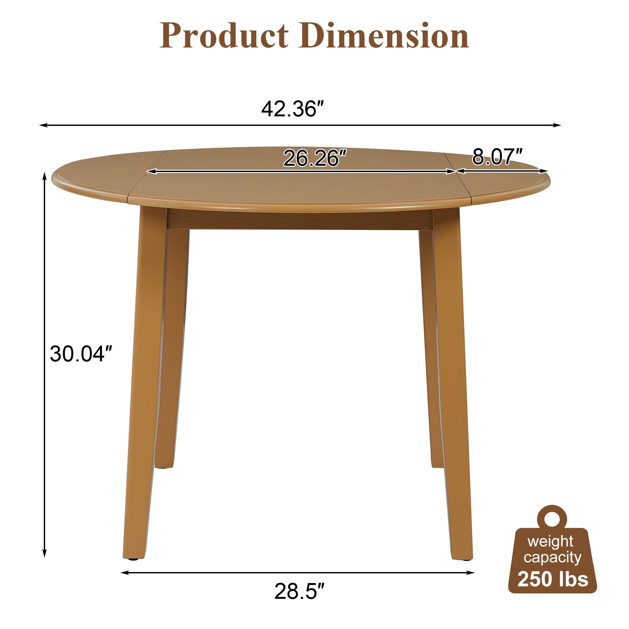 Dimension diagram of the folding round table, 42.36 inch top and 30.04 inch height