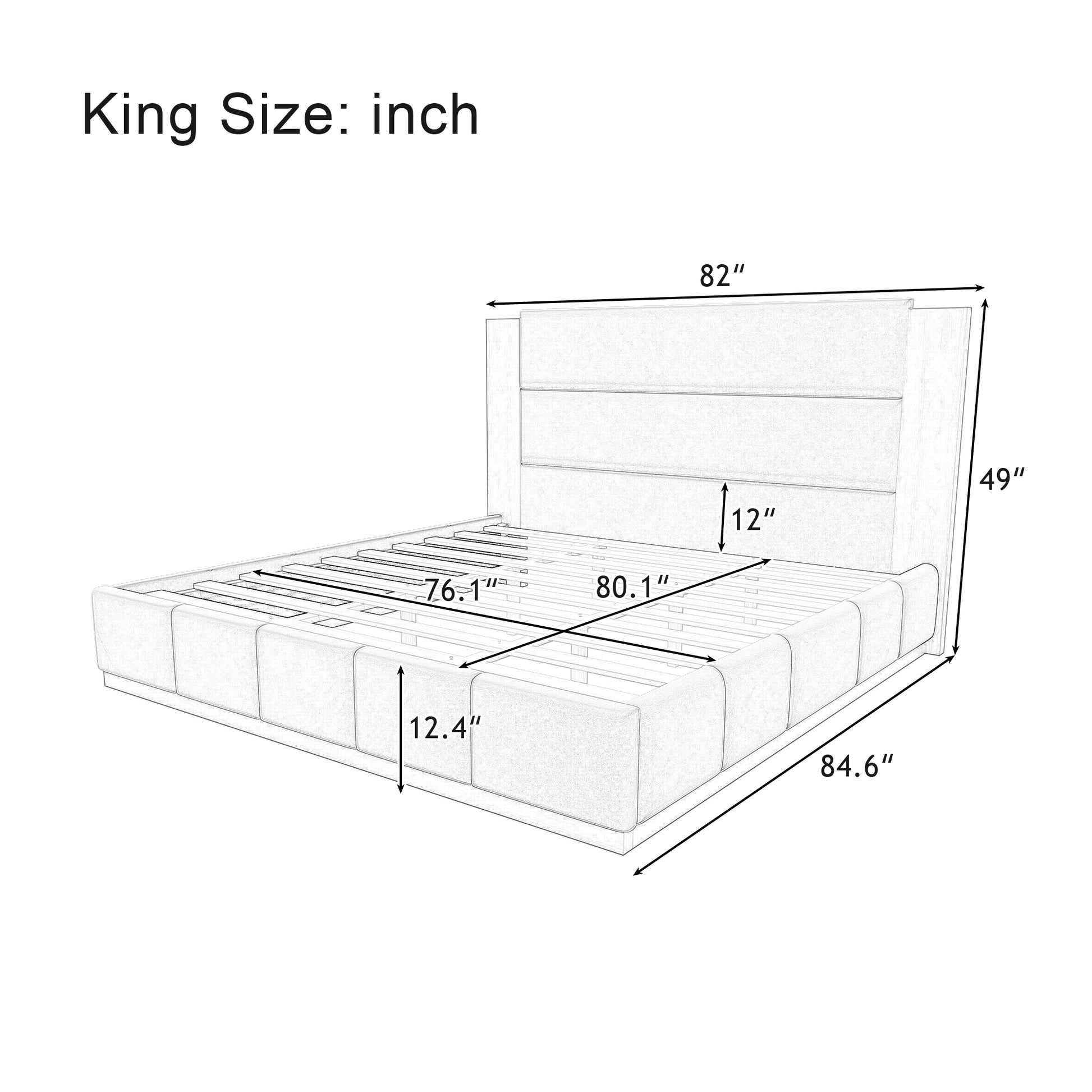 Close-up of wood slat mattress support under white boucle bed frame