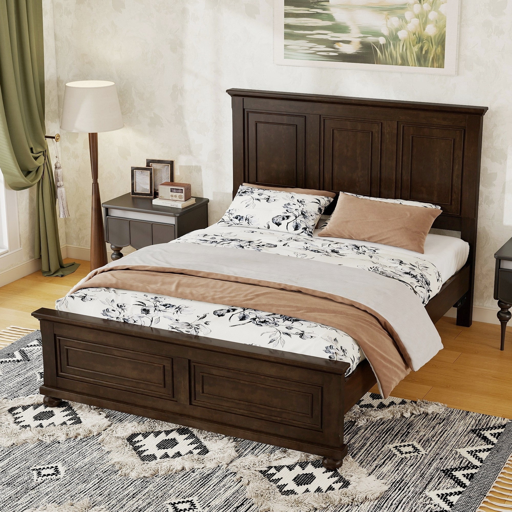 Overhead angle of the rich brown queen panel bed with blush throw and floral sheets between two gray nightstands
