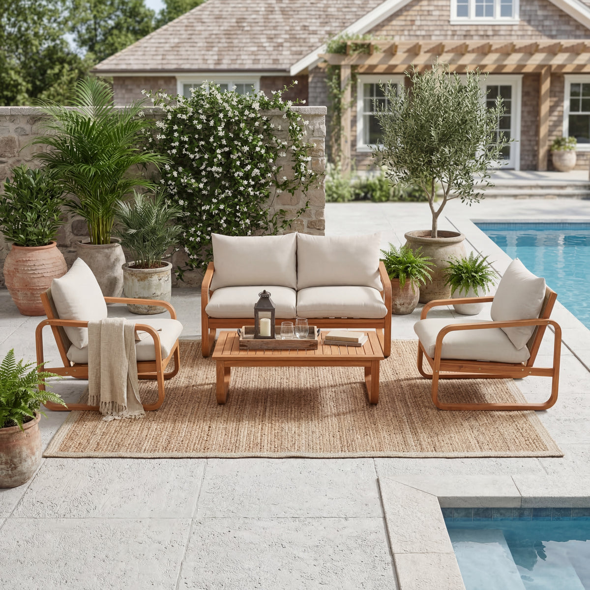 Natural Solid Wood 4-Piece Outdoor Sofa Set for 4 with Cushions