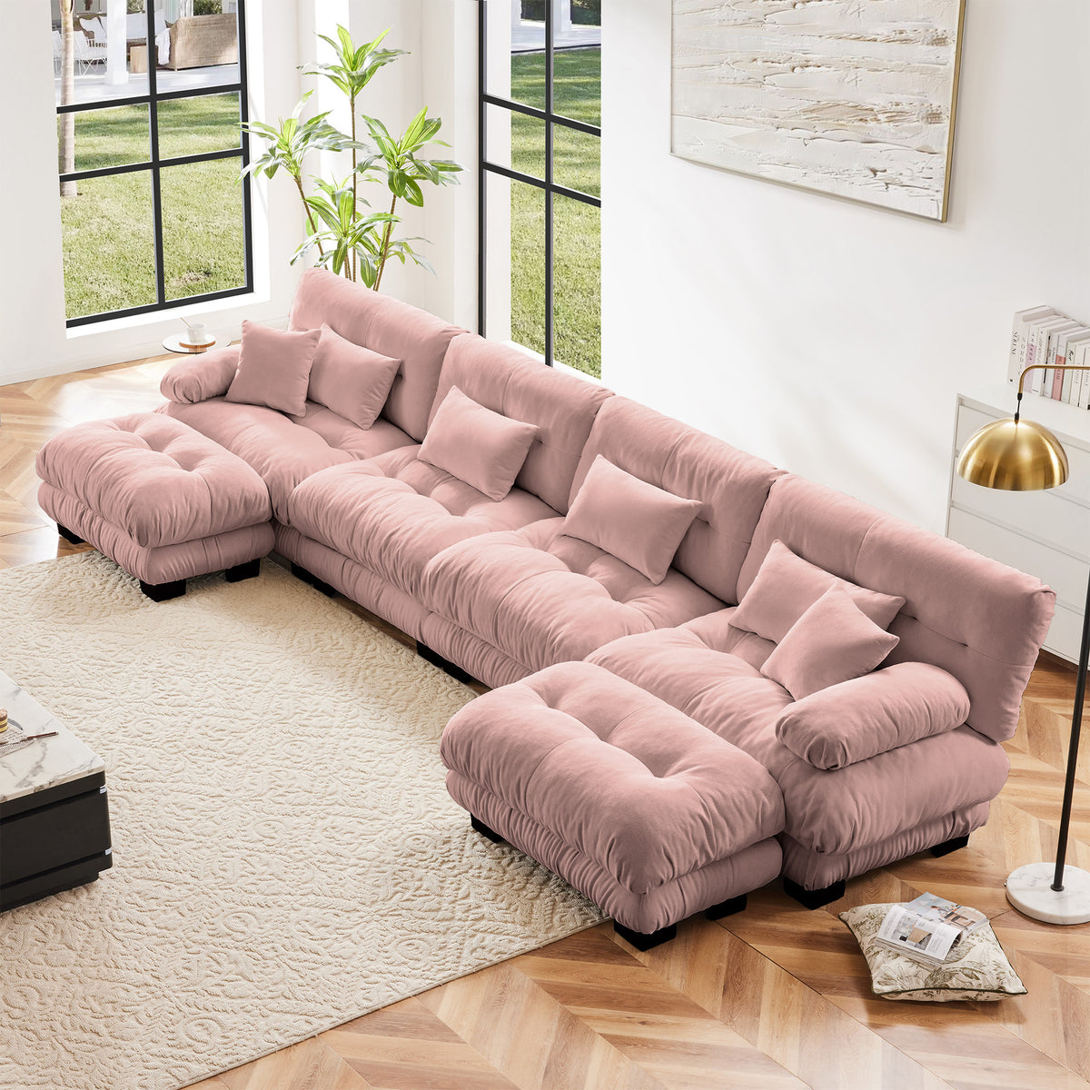 Pink Chenille Modular Sectional Couch with 2 Ottomans