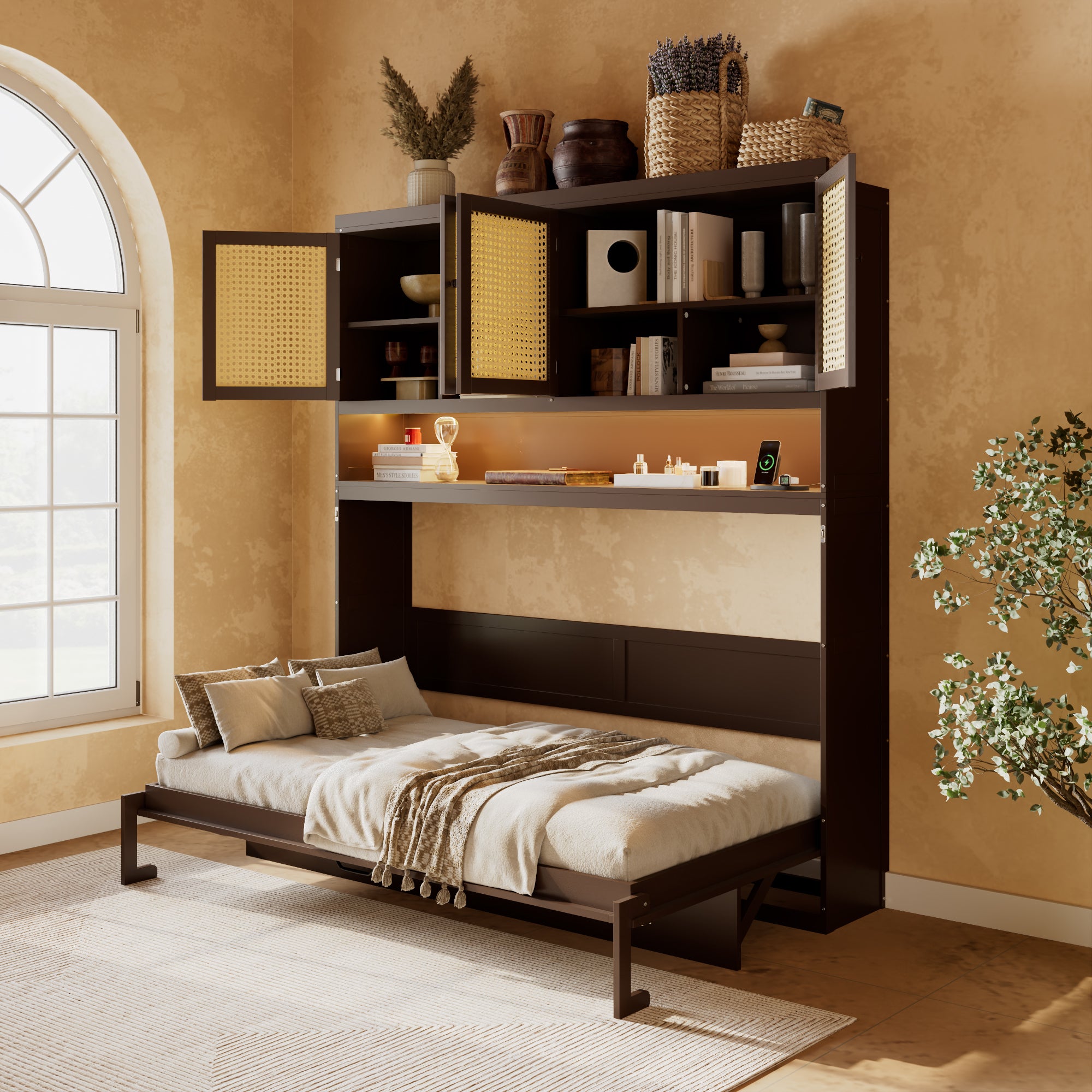 Twin Murphy Bed with Top Cabinet, LED Light & USB, Espresso