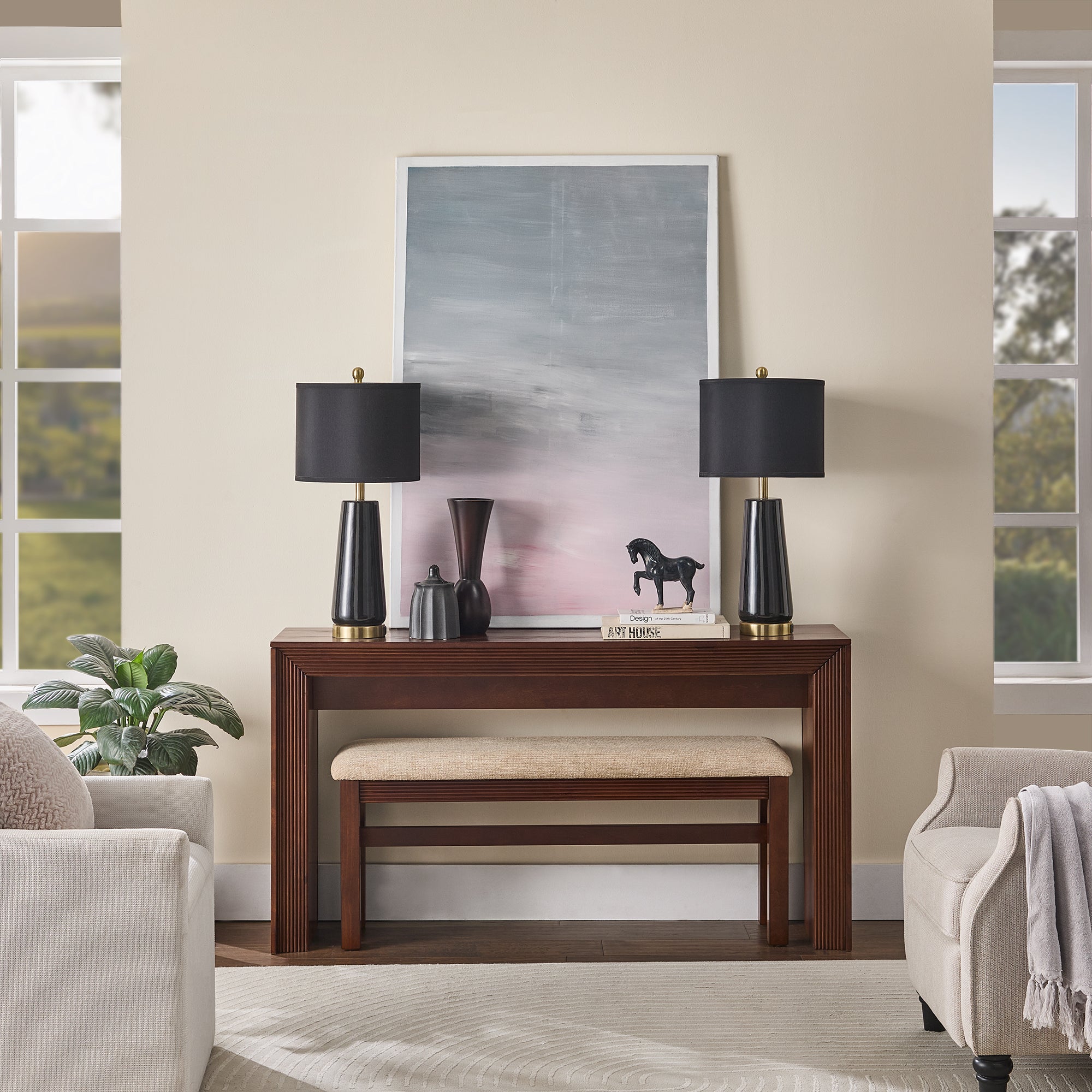 Fluted Console Table and Upholstered Bench Set, Walnut
