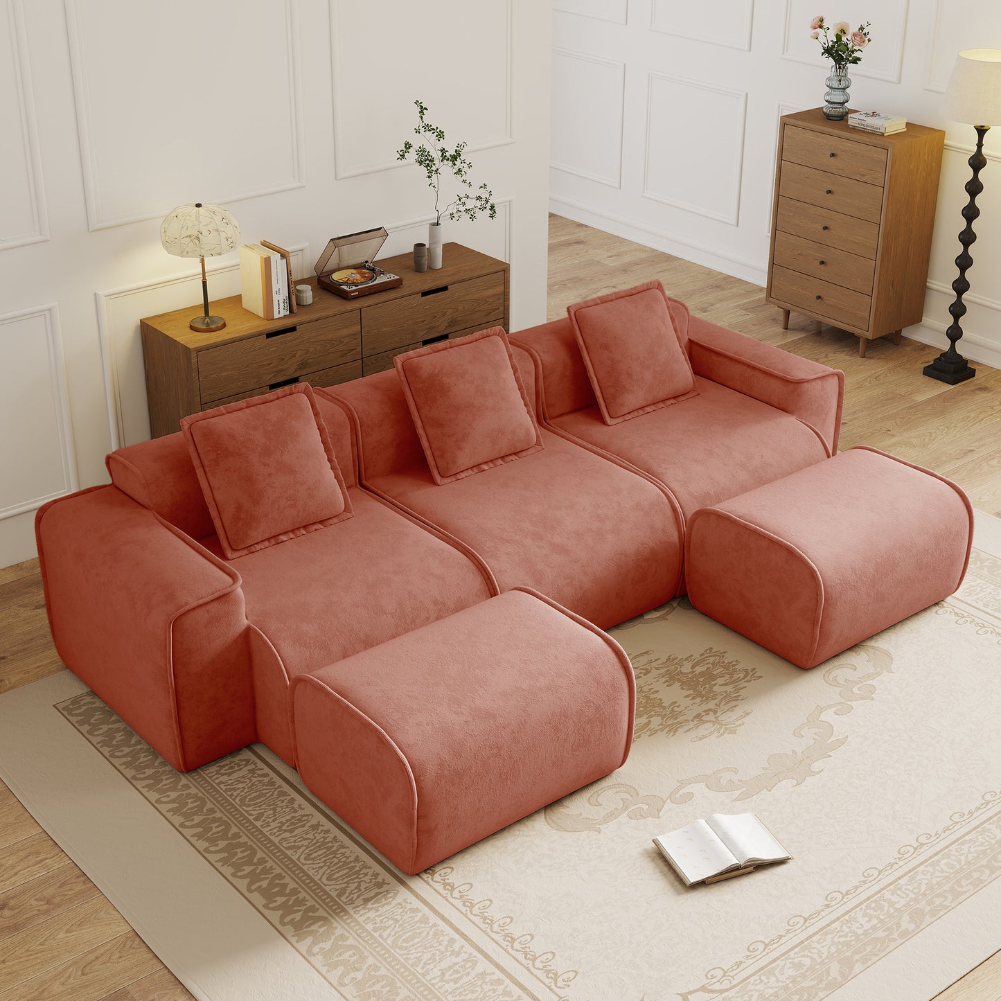 Seneca Boneless Couch - 3 Seater, 2 Ottomans, Terracotta