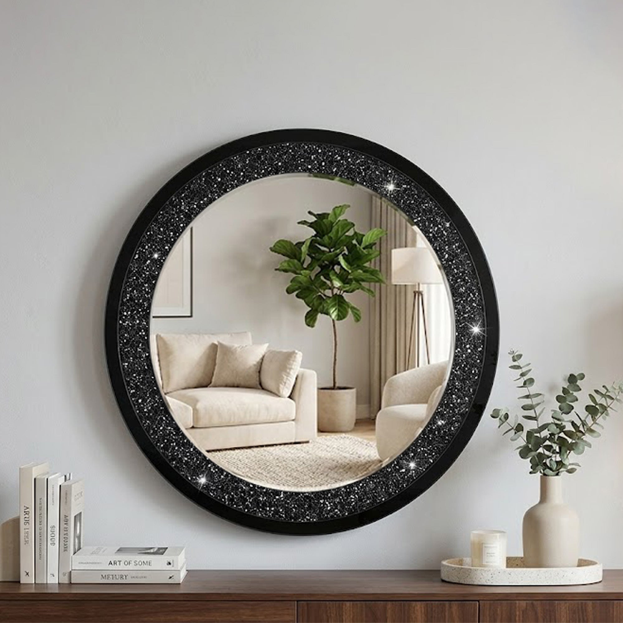 Crushed Crystal Round Mirror, 33.46 in, Black Frame
