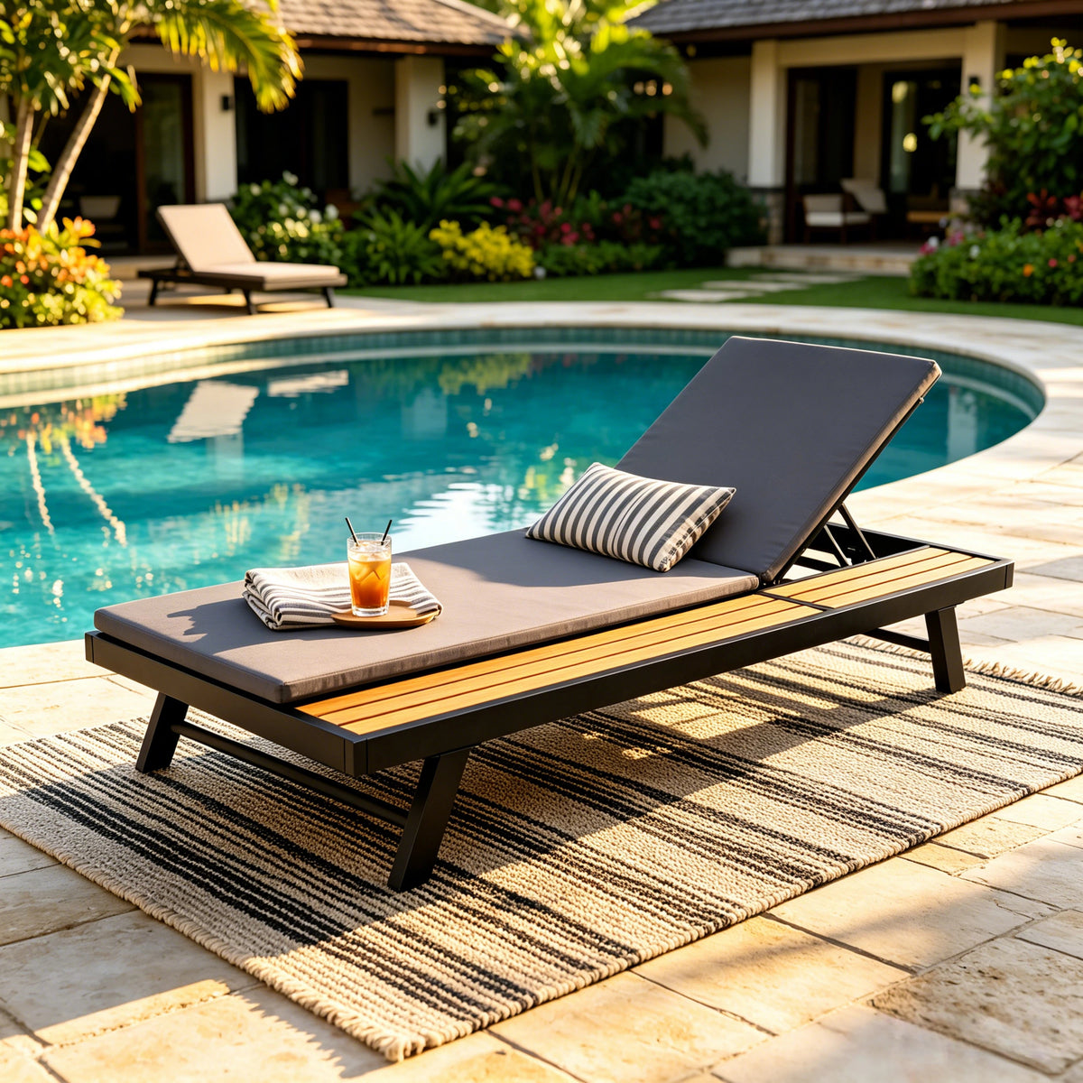 Black Metal Adjustable Outdoor Chaise Lounge, Dark Gray Cushion, 2-Fold Cushion