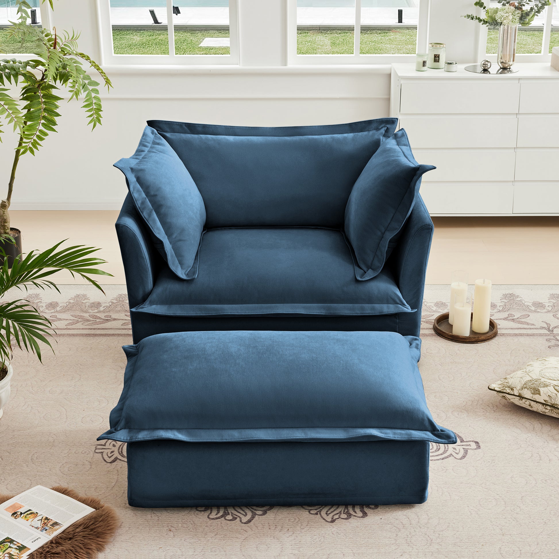 Fluffy Chair 1-Seat Sofa – Navy Chenille with Ottoman, Washable