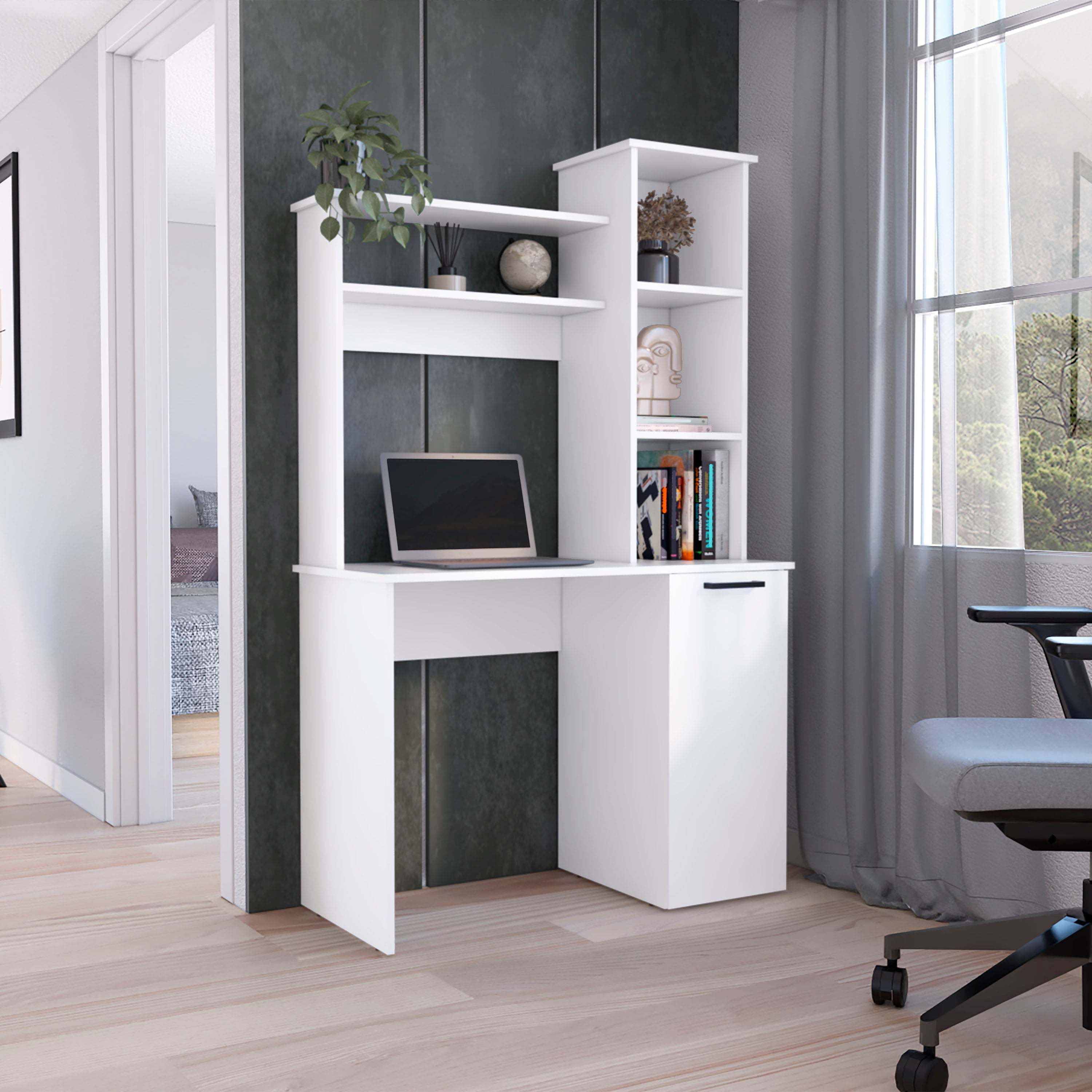 Computer Desk with Hutch, Workstation, 38.7 in, White, 17.7 in Deep