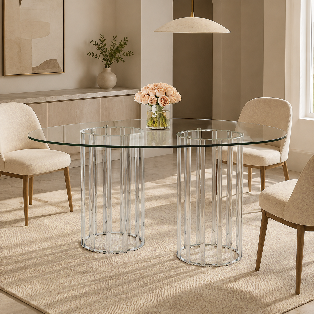 Oval Glass Dining Table, Silver Double-Column Base - Seats 6 to 8