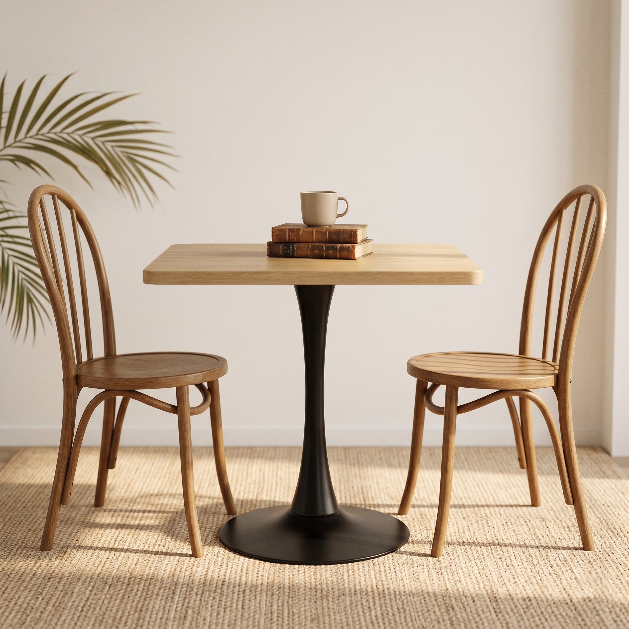 Natural square tulip dining table with two light wood spindle back chairs, books and a mug on a woven rug